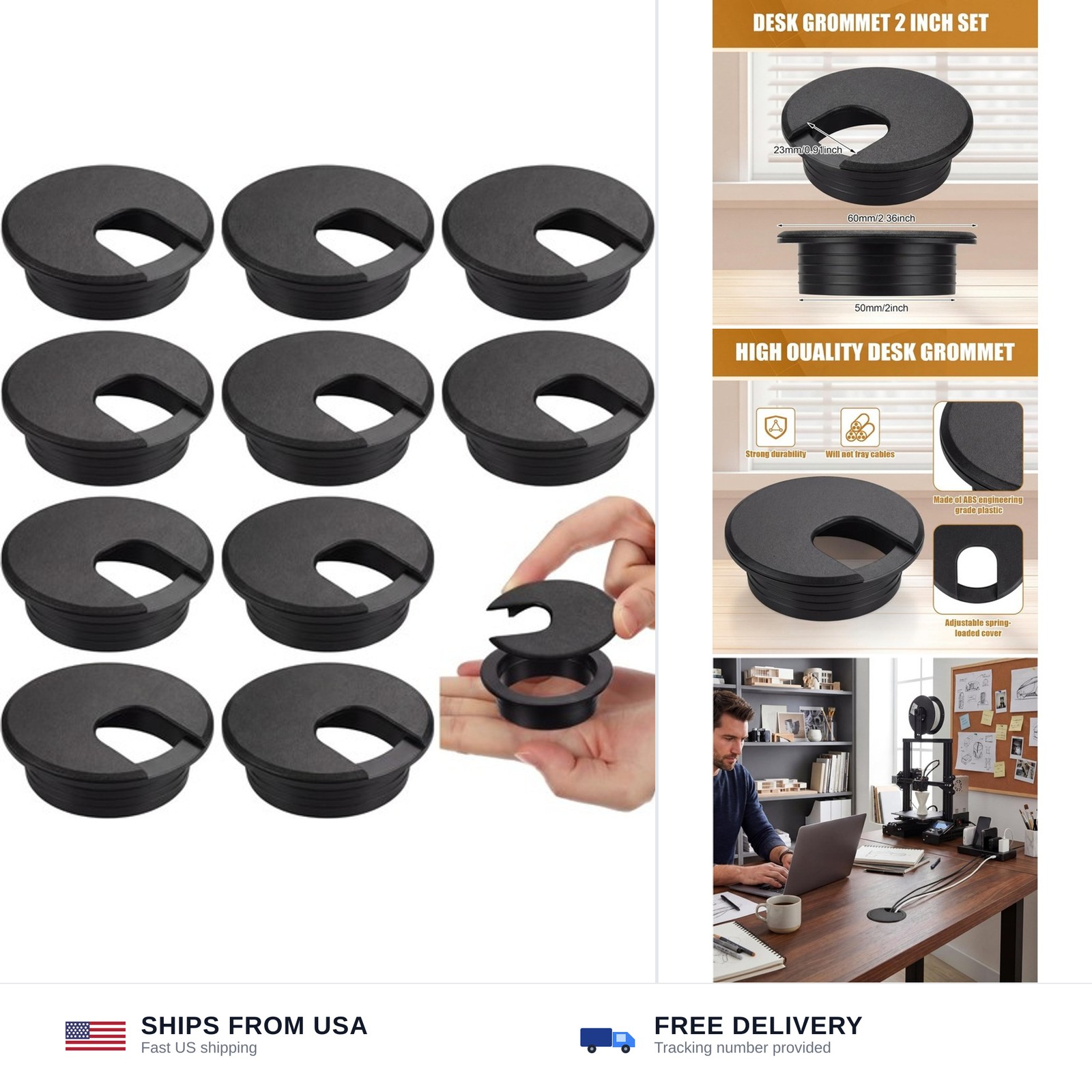 SATINIOR Desk Grommet Cable Hole Cover Plastic 2 Inch Black 10 Pack Wire