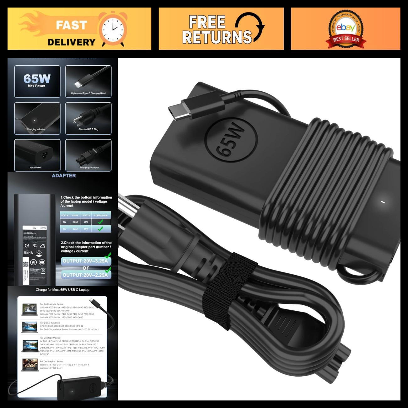 60W 65W USB-C Laptop Charger for Dell Pro 14 16 13 Plus - Fast Charging Adapter