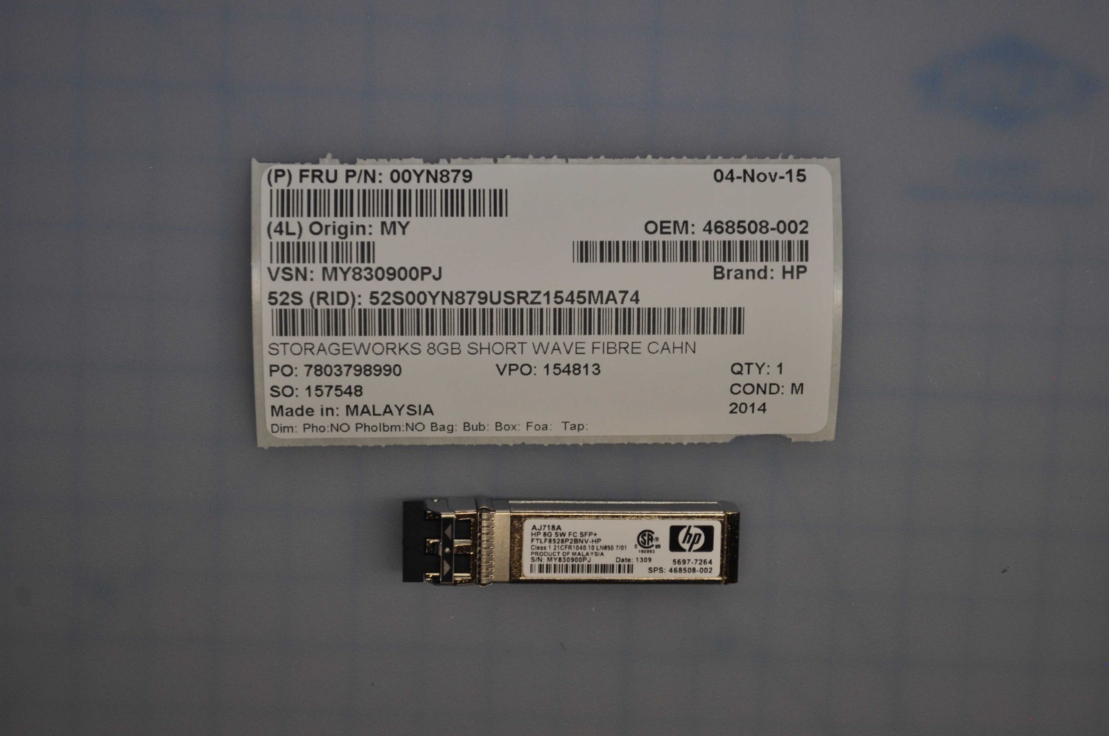 HP 8GB SHORT WAVE FIBER CHANNEL (FC) SMALL FORM FACTOR (SFF) USED 468508-002