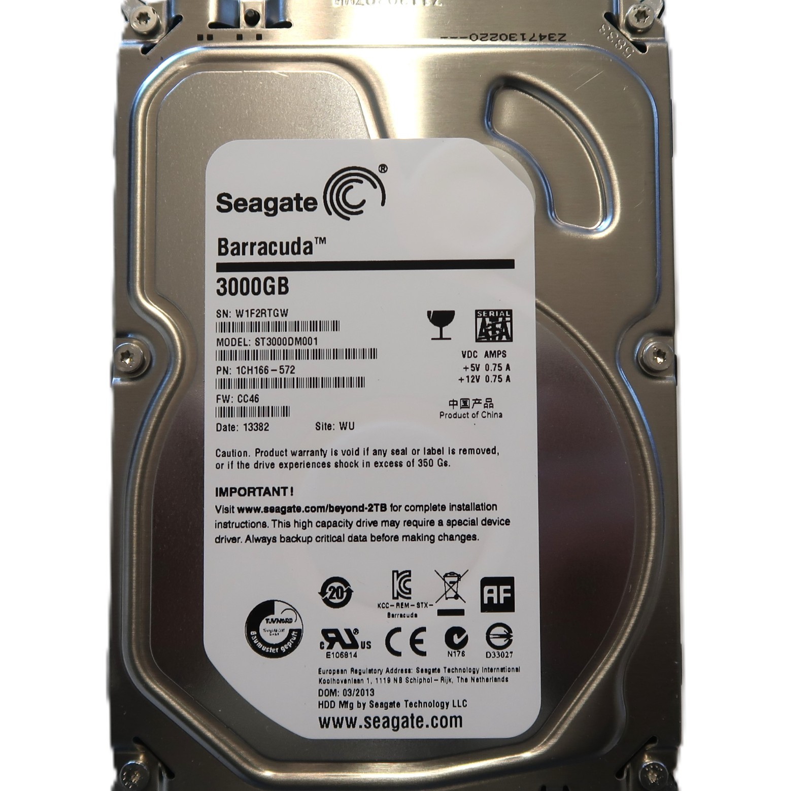 ST3000DM001 PN: 1CH166-572 FW: CC46 (W1F2) WU China 3.5" 3000gb Sata MAR/2013