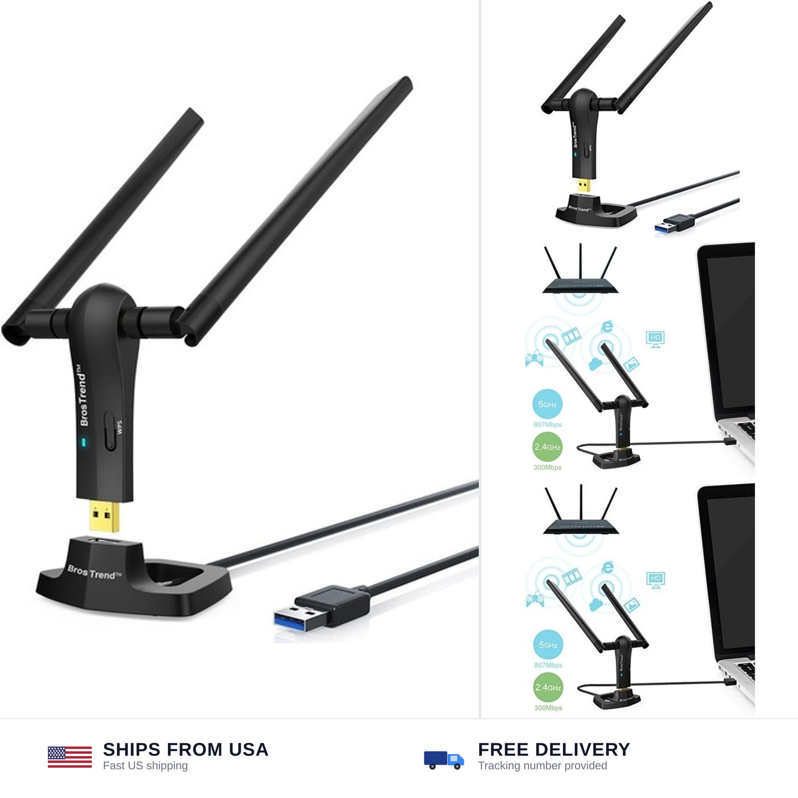 BrosTrend AC1200 Long Range USB WiFi Adapter for Desktop PC, USB 3.0 Cradle