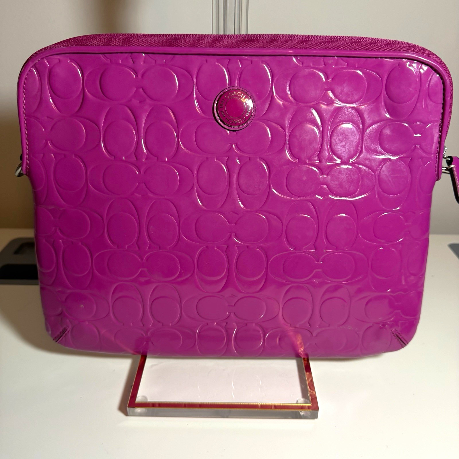 Coach Signature Pink Patent Leather Padded Sleeve for Tablet