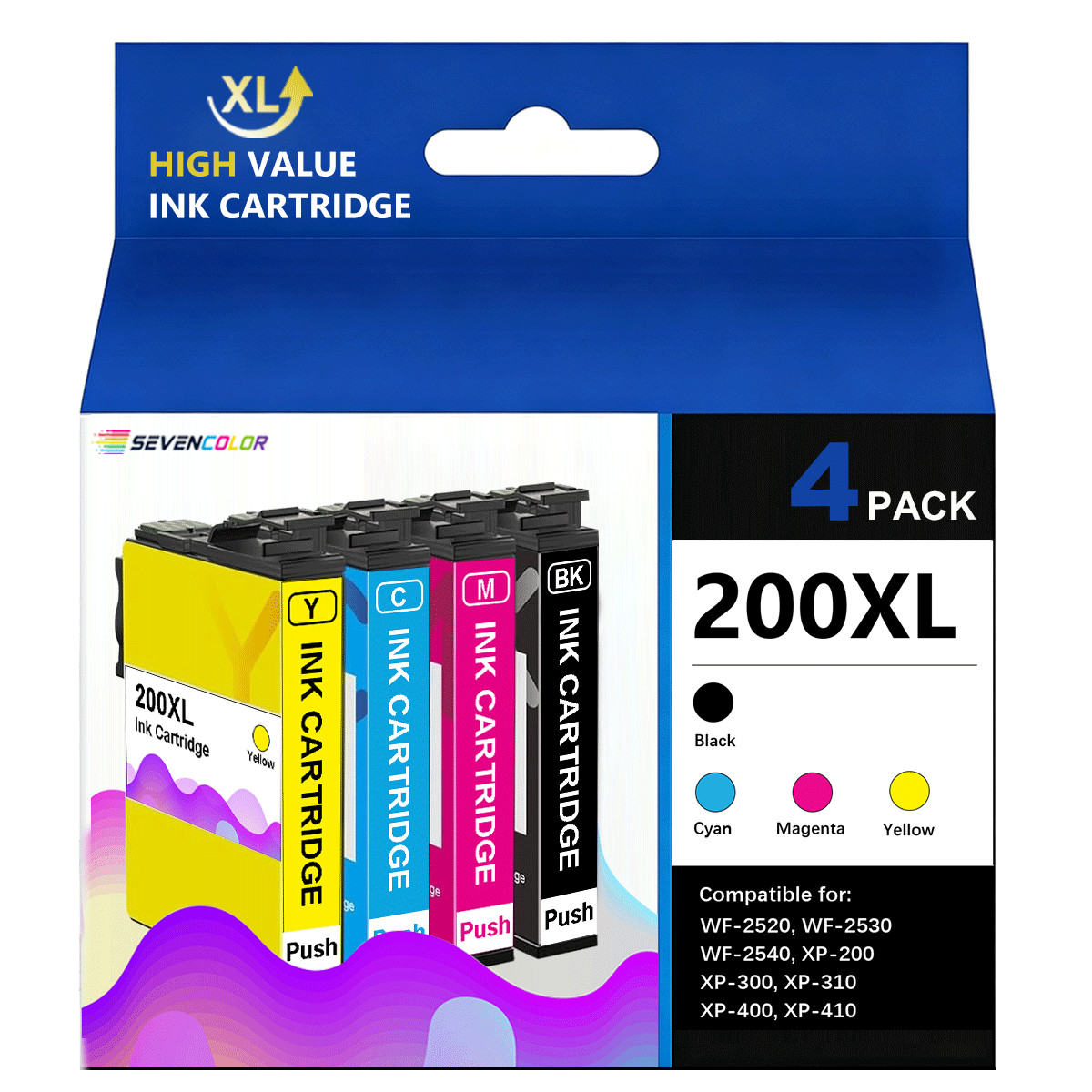 4Pack 200XL High Yield Ink Cartridge Works with WorkForce WF-2520, 2530, 2540