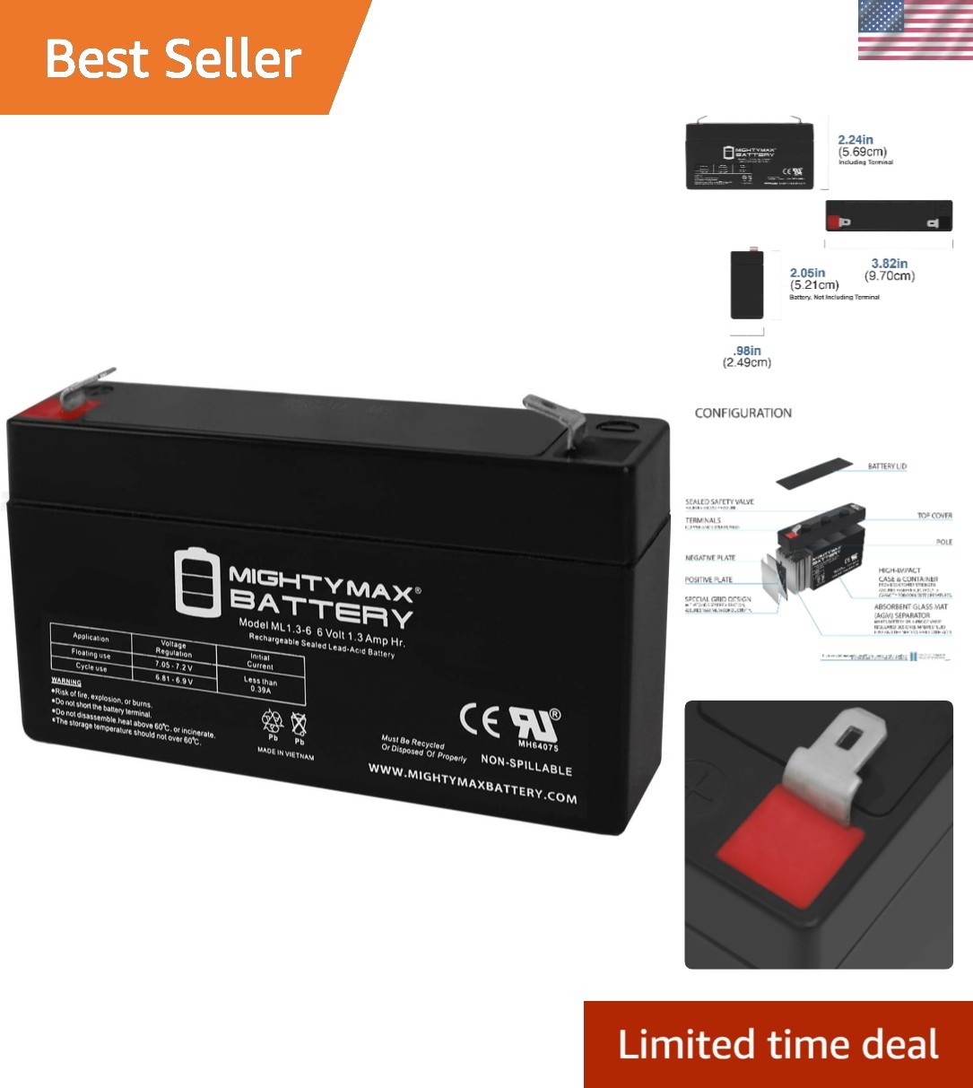 Lightweight 6V 1.3AH Backup Battery Ideal for Scooters & Security Systems