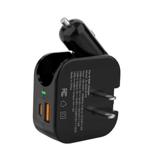 Wall & Car Charger Travel Charging Station, 36W Dual USB-C & USB-A Fast