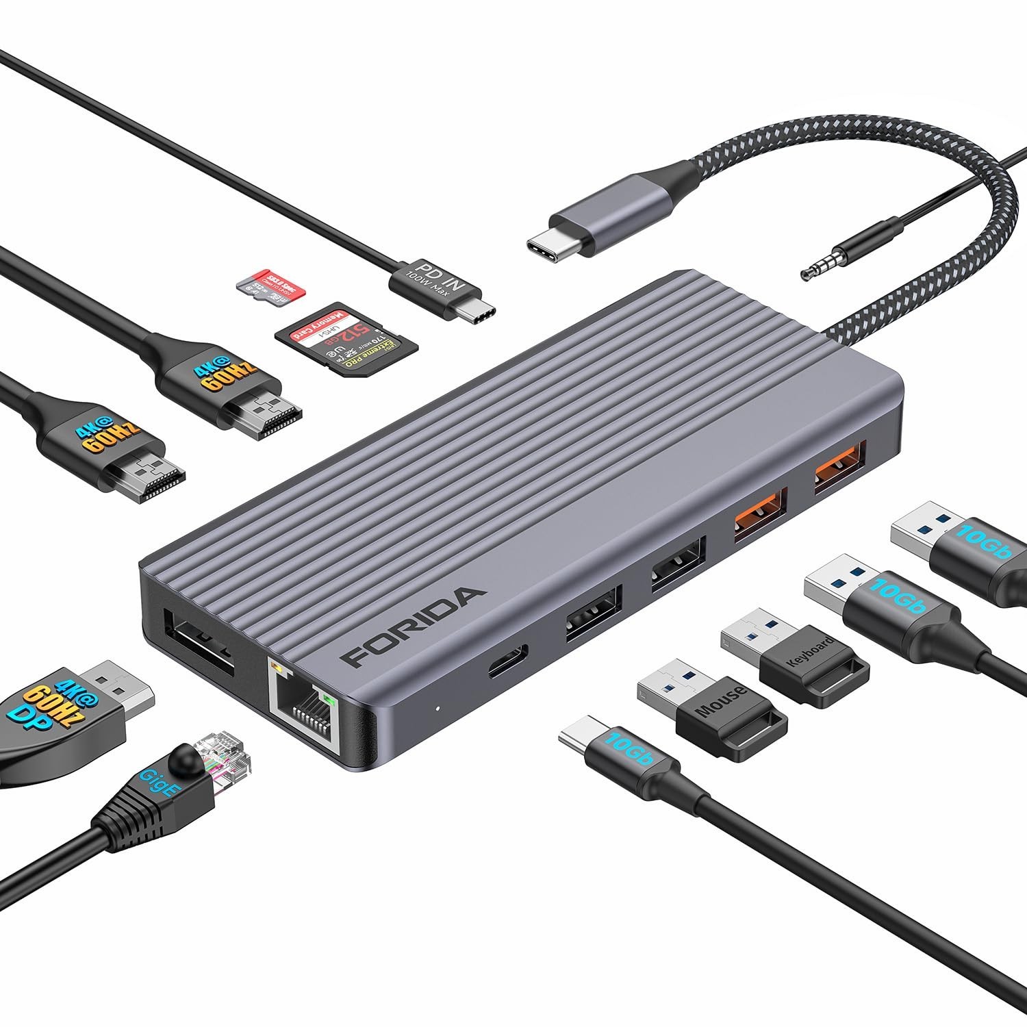 FORIDA 13 in 1 USB C Docking Station Triple Monitors Dual 4K@60HZ HDMI 100W PD