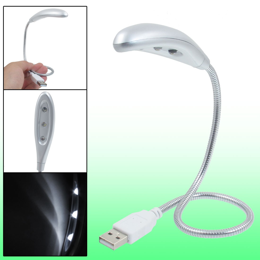 Laptop PC Gray Plastic Head Silver Tone Flexible Gooseneck USB LED Light
