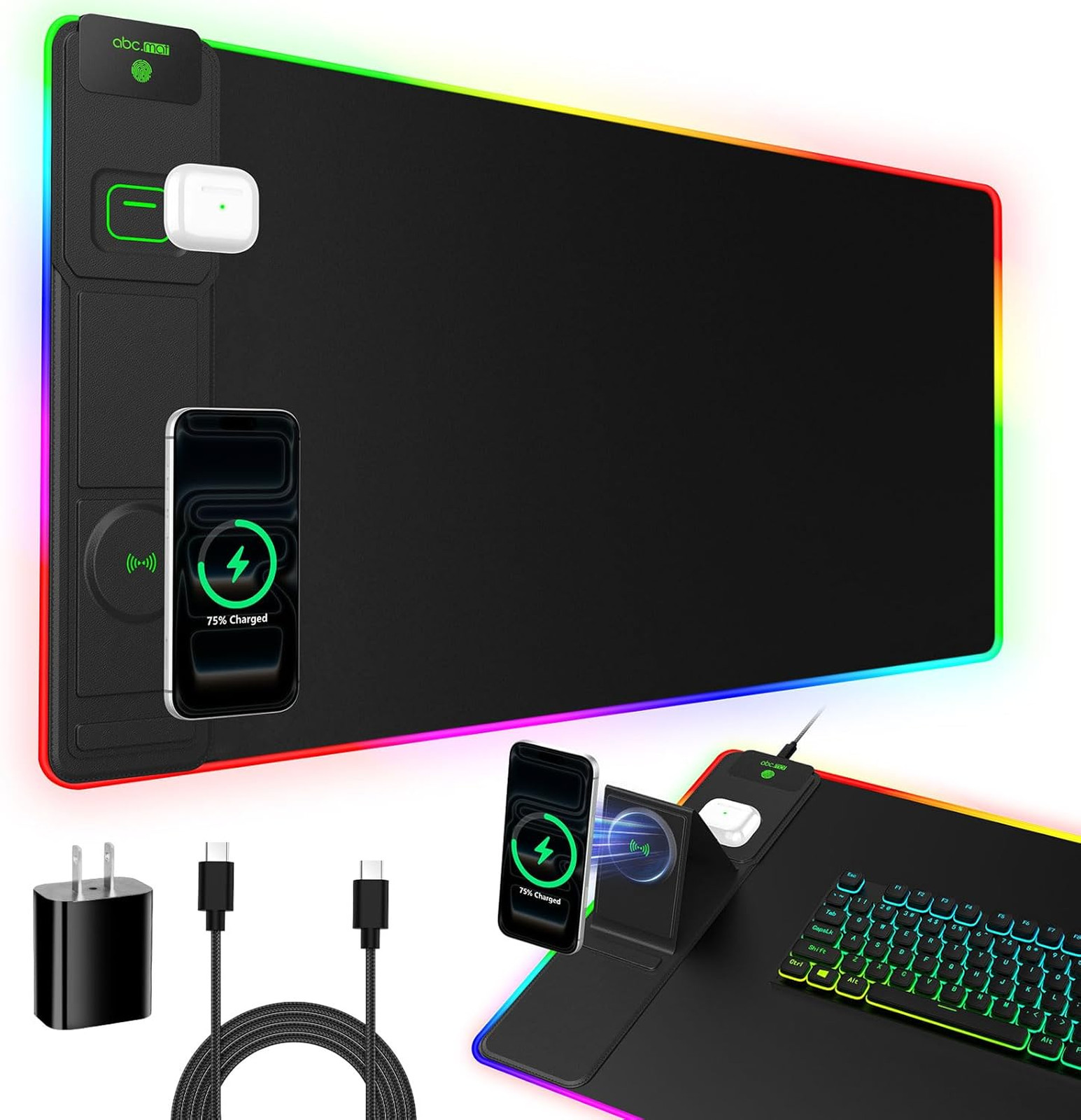 Large RGB Gaming Mouse Pad with Magnetic Wireless Charger Foldable Phone Holder