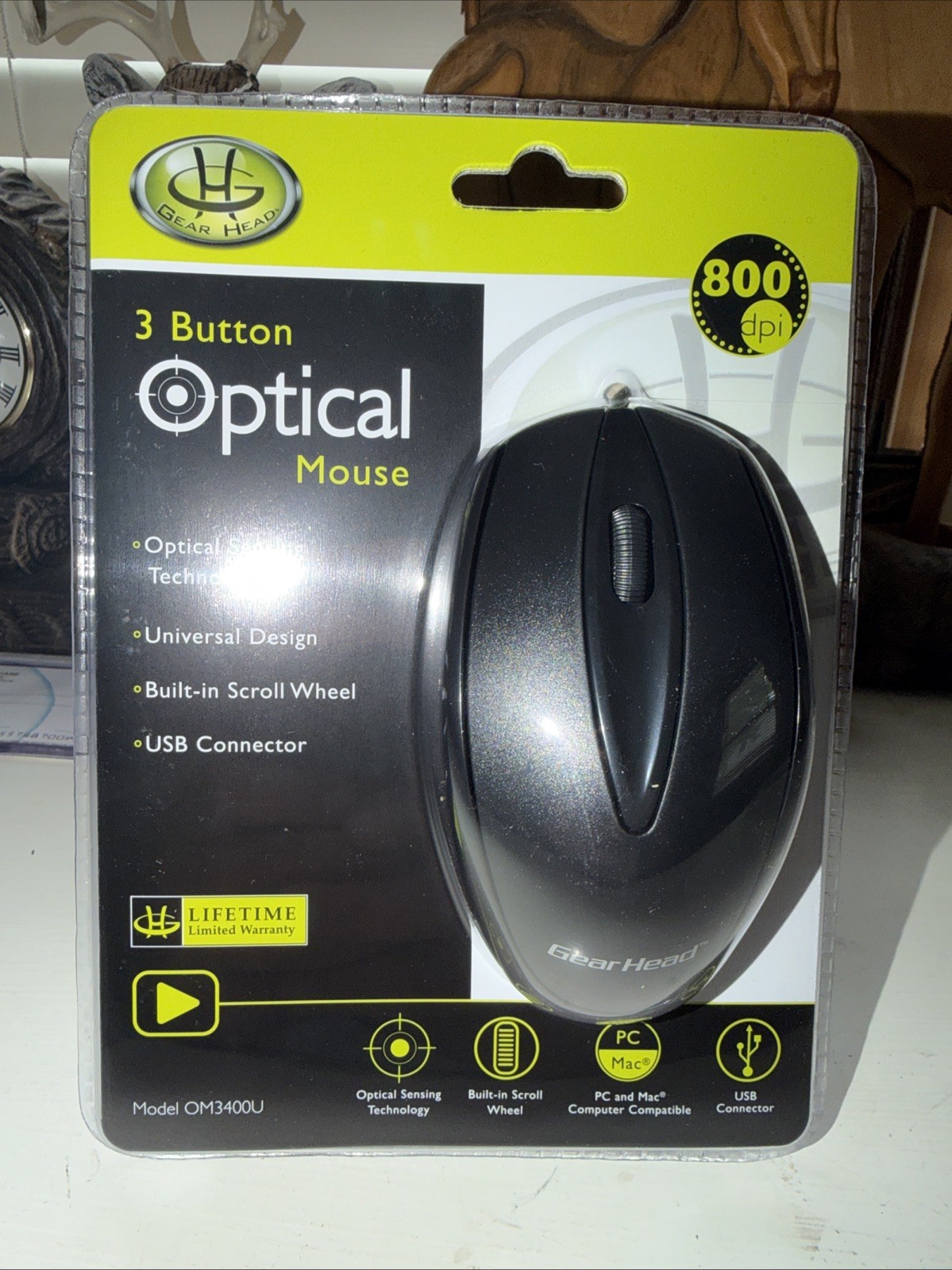 ~New~Wired GEAR HEAD 3-Button OPTICAL Mouse Black with Built-in Wheel