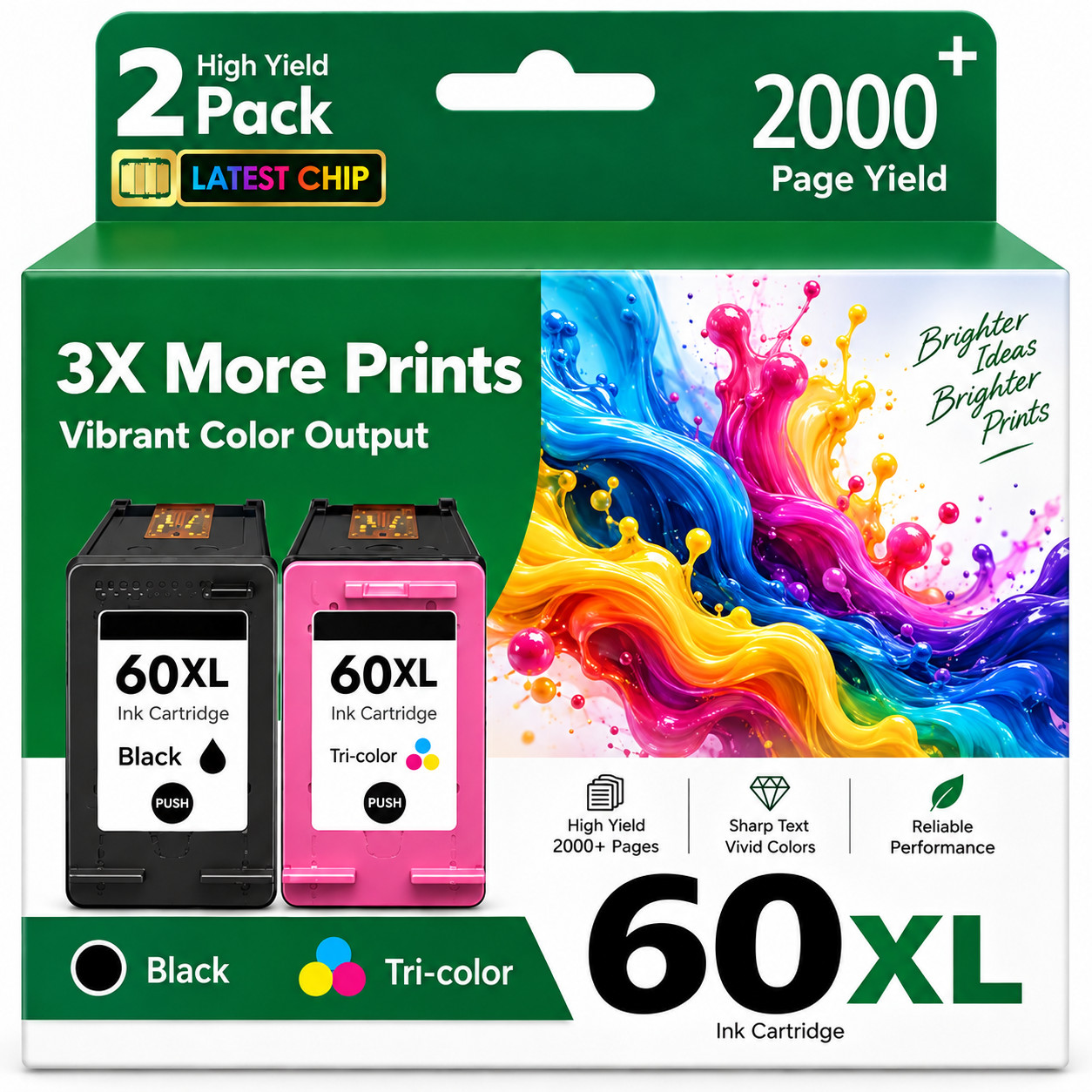 60XL Ink Cartridges 2Pack (Color/Black) Compatible For DeskJet F4480 D2530 F4280