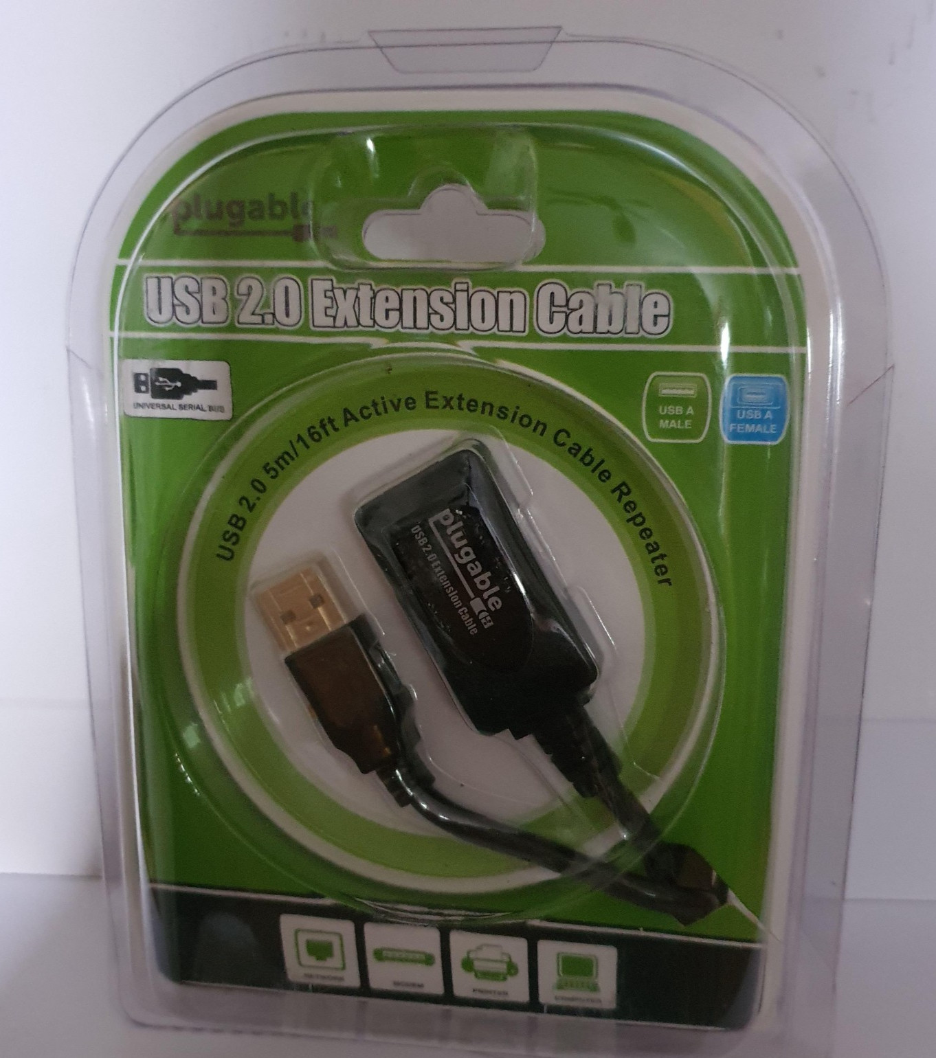 Plugable 5 Meter (16ft) USB 2.0 Active Extension Cable Type A Male to A Female