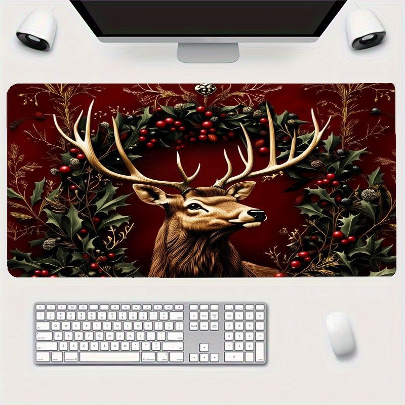 Festive Christmas Desk Mat – Elegant Red Deer Design with Golden Antlers, Perf