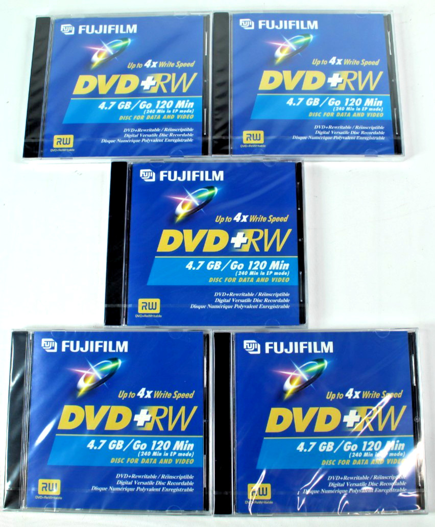 Lot of 5 Fujifilm DVD+RW Blank Discs In Jewel Cases. 4.7 GB Per Disc. New Sealed