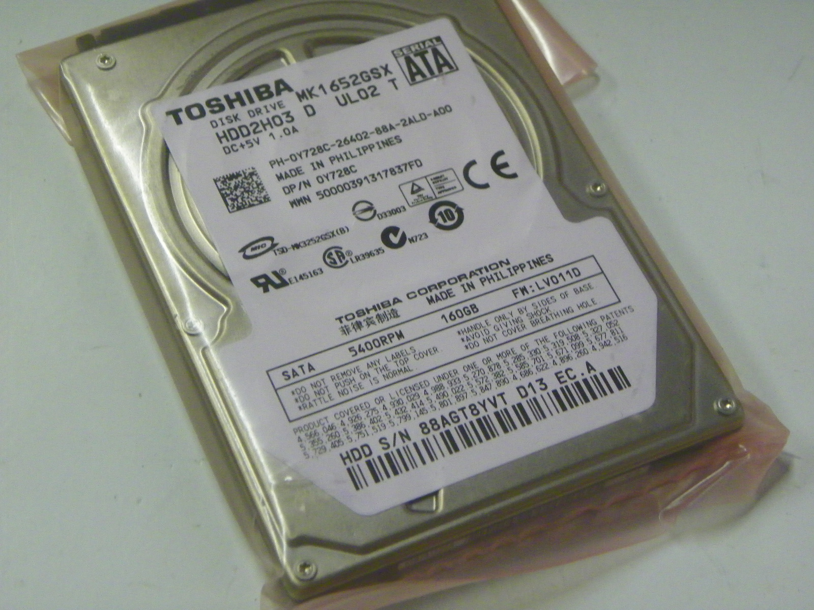Toshiba MK1652GSX (HDD2H03 D UL02 T) DP/N 0Y728C LV0110 160GB Laptop Hard Driv
