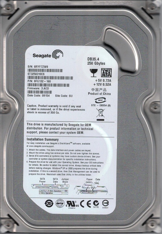 ST3250310CS P/N: 9FG132-160 F/W: 3.ACD SU 6RY Seagate 250GB