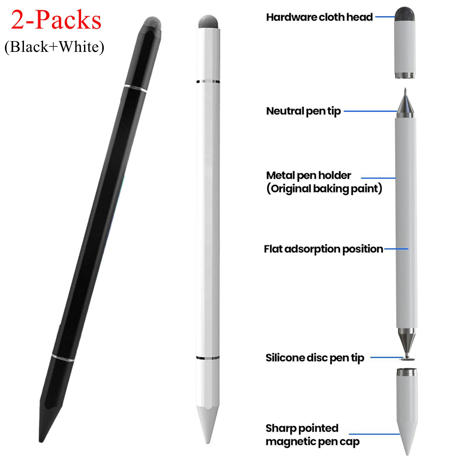 2-PACK 3-in-1 Magnetic Metal Capacitive Stylus Pens for iPad/Samsung/Apples