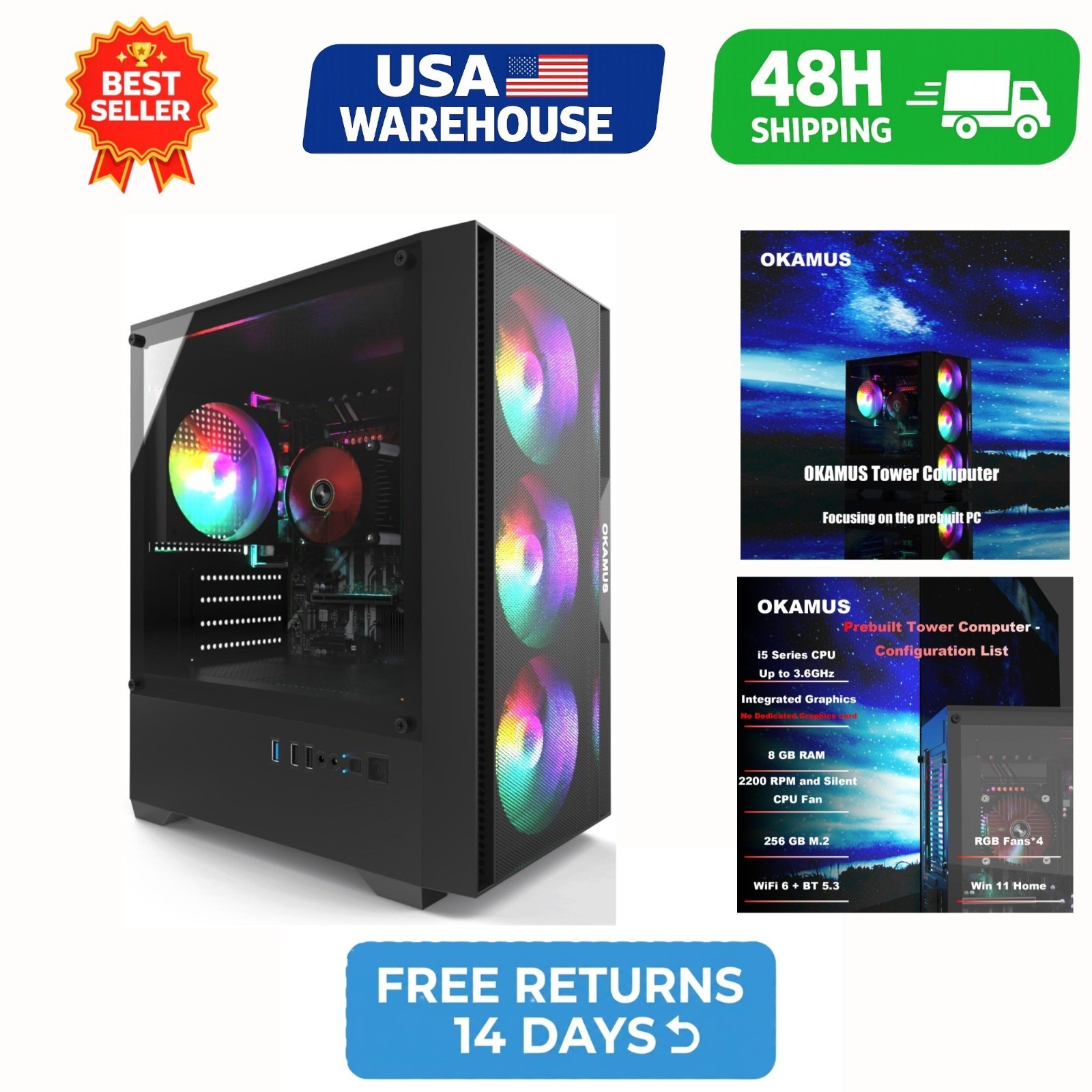 OKAMUS Desktop PC i5 8GB RAM 256GB M.2 SSD Windows 11 RGB WiFi 6