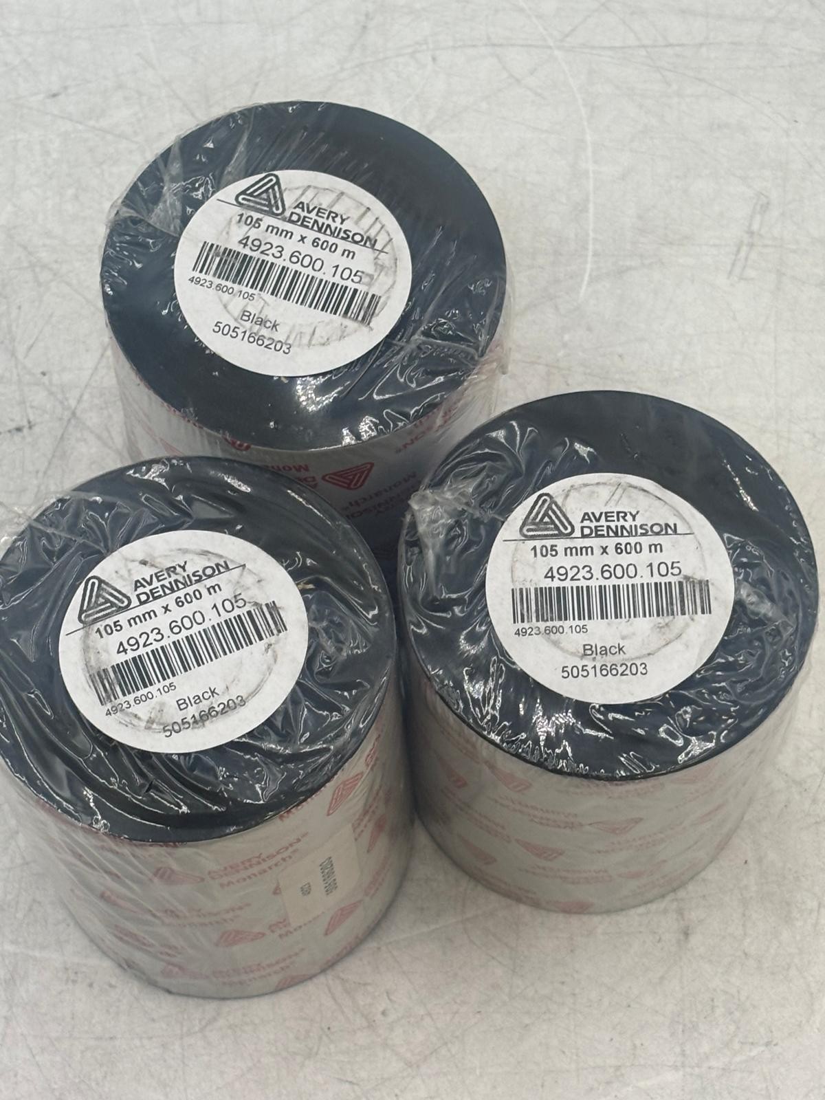 Lot of 3 Avery Dennison Wax Resin Thermal Ribbon 105mm x 600m Black 4923.600.105