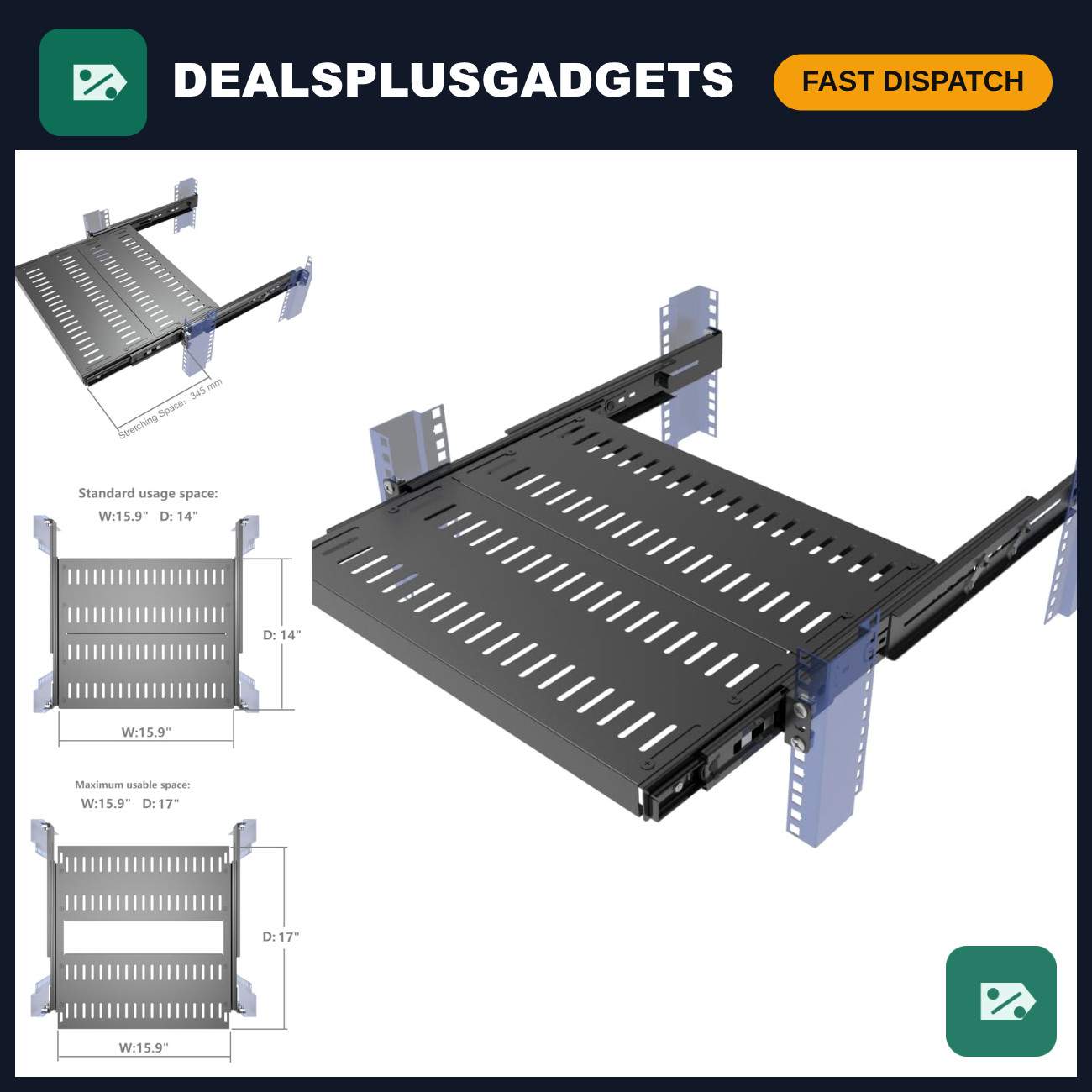 4-Post Vented Sliding Rack Shelf, Adjustable 15"-22" Mounting Depth, 1U Space