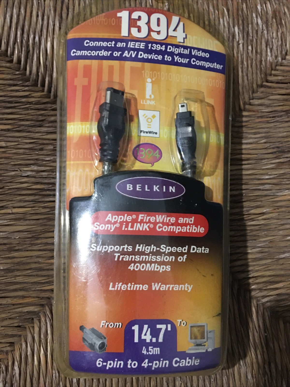 Belkin 1394 Apple FireWire & Sony iLink 6 Pin To 4 Pin Cable 14.7 Feet