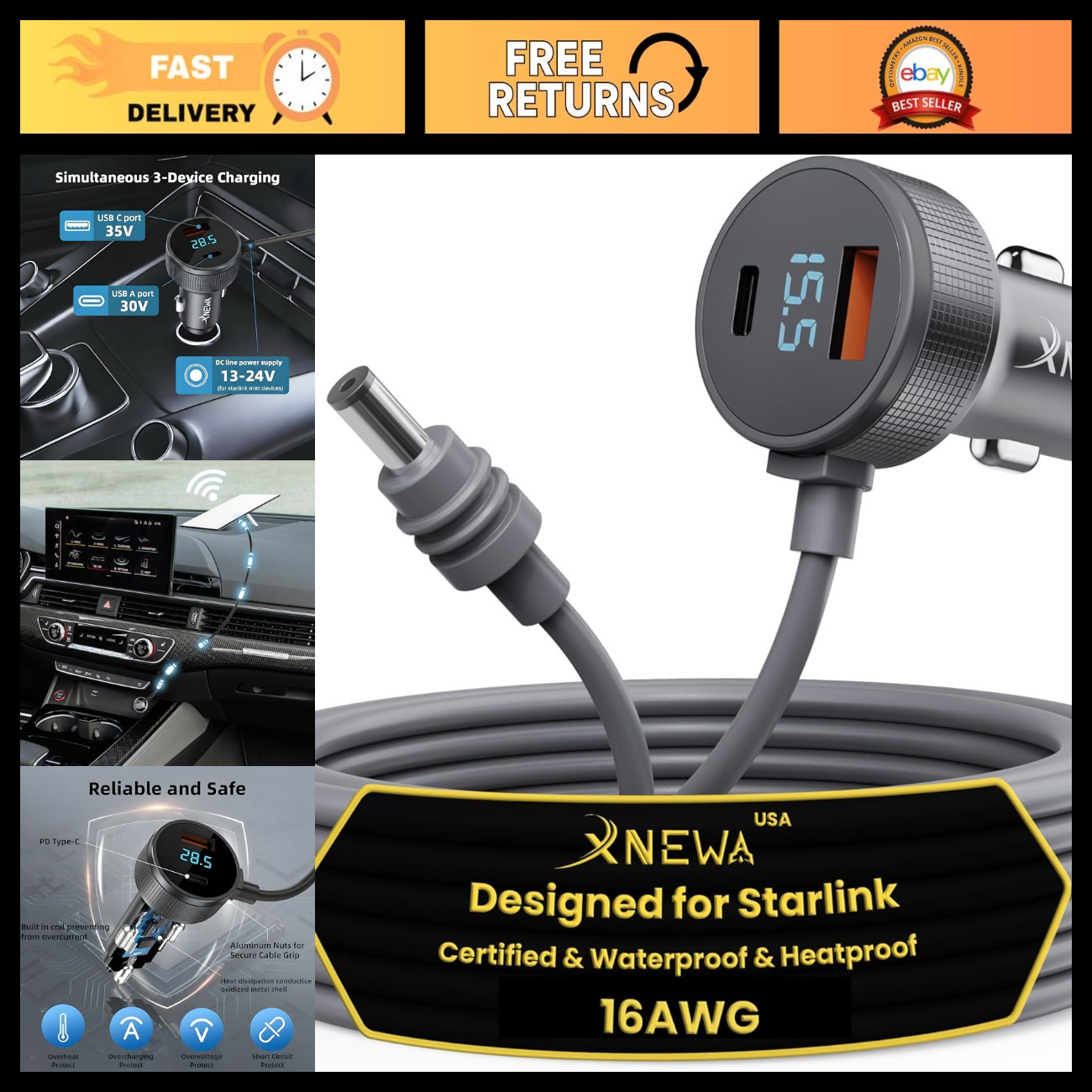 5M Mini Car Adapter & 3-in-1 Power Cable for Starlink - Versatile Connectivity