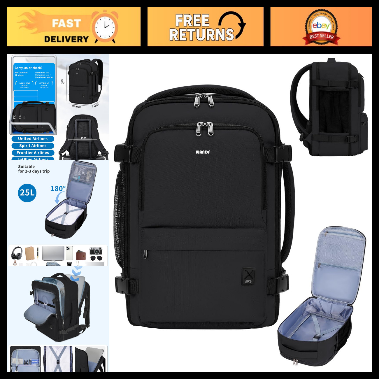 Travel Backpack Carry-On Bag 17x10x9, Personal Item for Laptops, Black