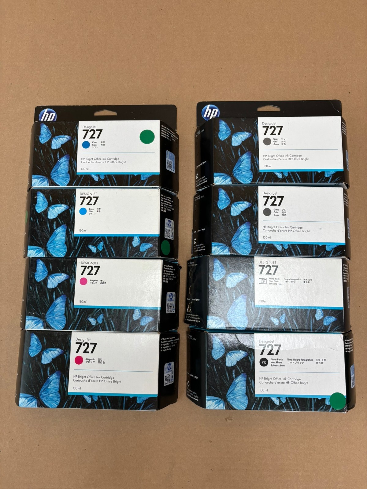 8 OEM HP 727 DJT900, T1500 Cyan, Mag, Gray & Photo Blk inks B3P19A,20A,23A,24A