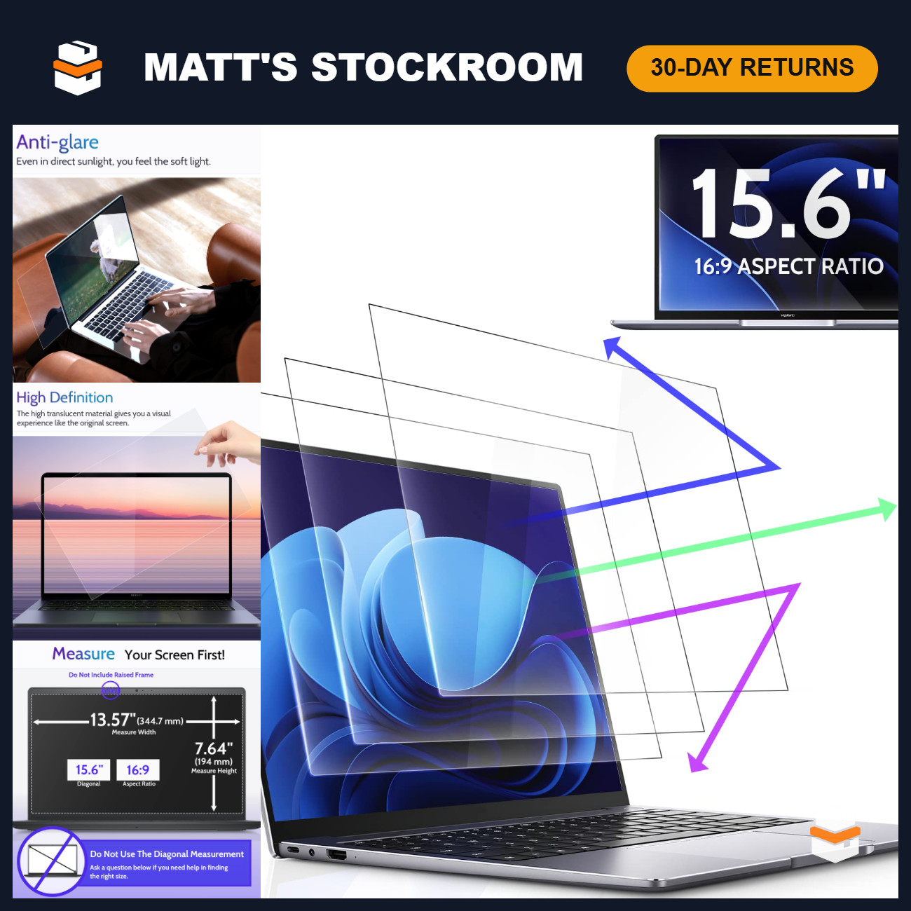 3 Pack 15.6" Anti-Blue Light Screen Protector for Laptops - 16:9 HD Clarity