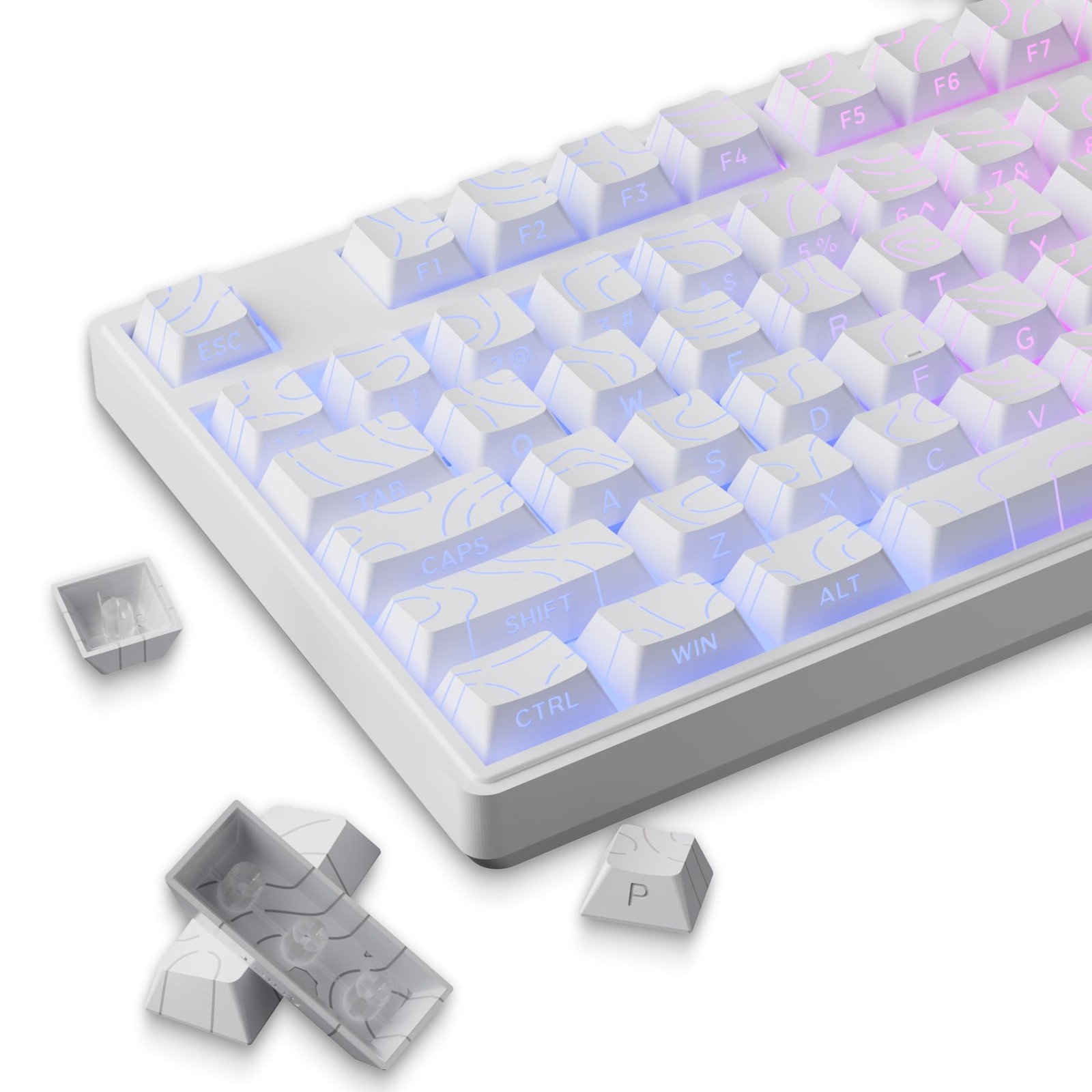 97 PCS White Topographic PBT Keycaps Side Printed RGB Backlit Cherry MX