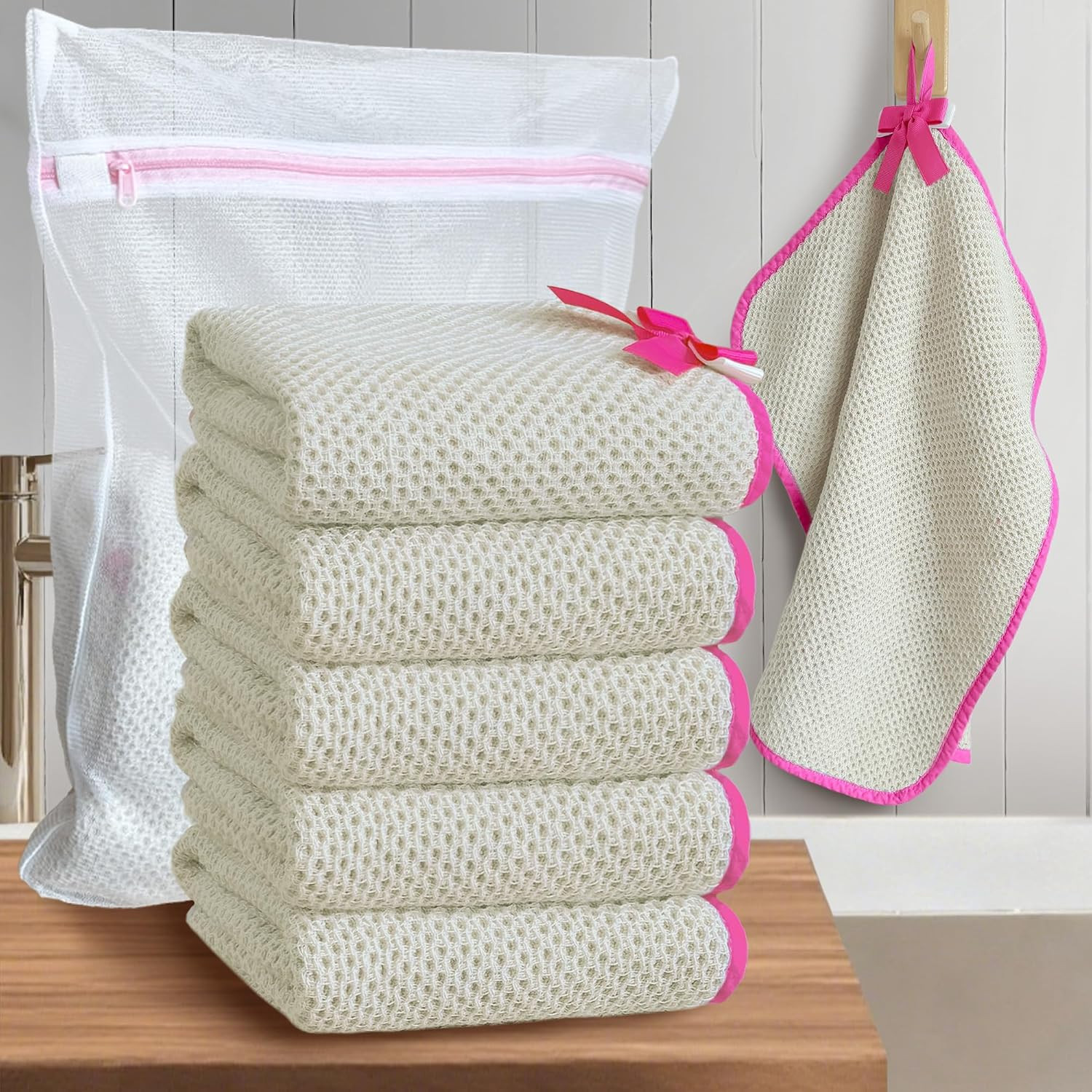 Waffle Wash Cloths 6 Pack, 100% Cotton, 16x16 in, Beige