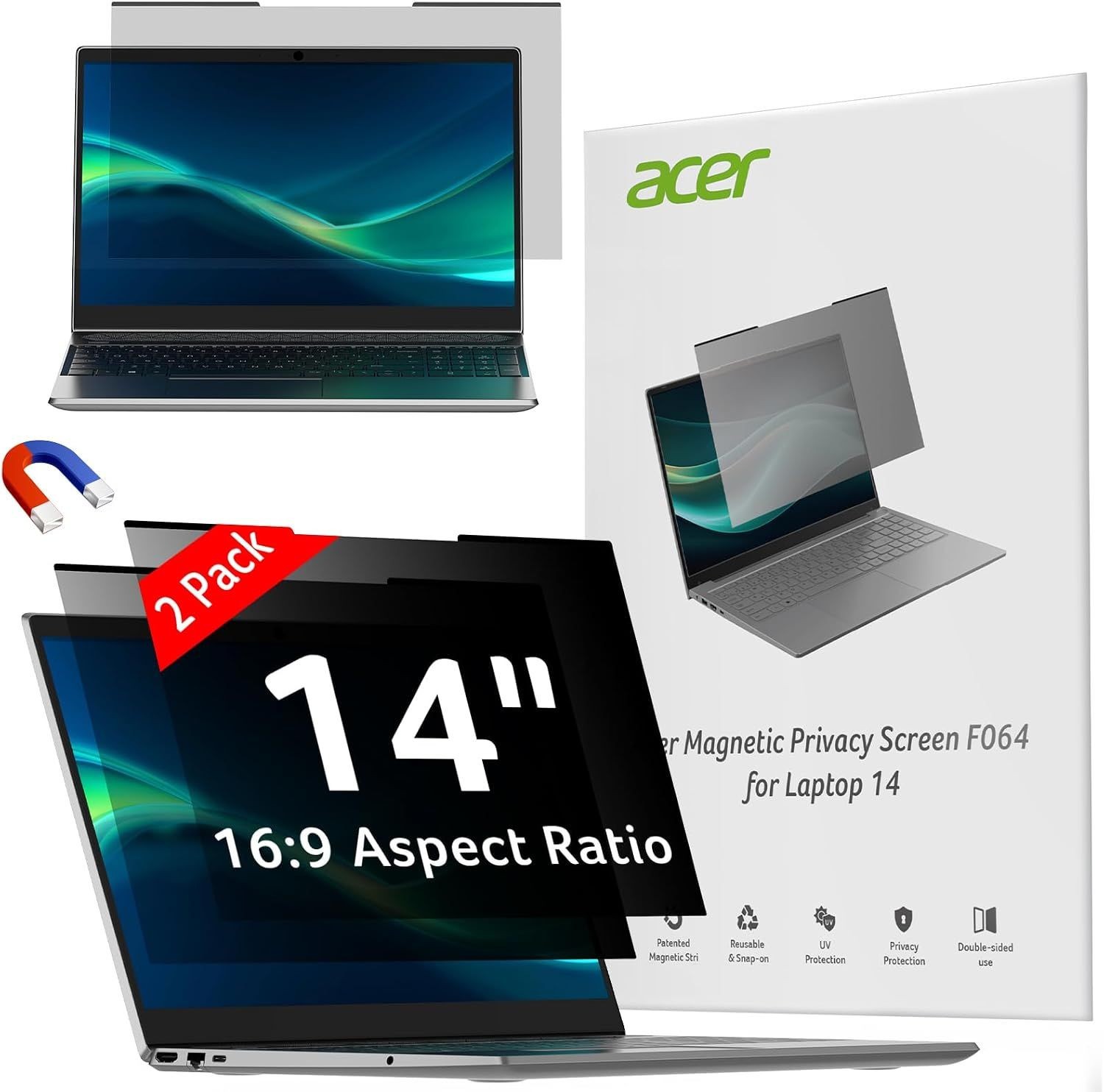 14 Inch 16:9 Laptop Privacy Screen 2-Pack by Acer, Magnetic & Removable Filter