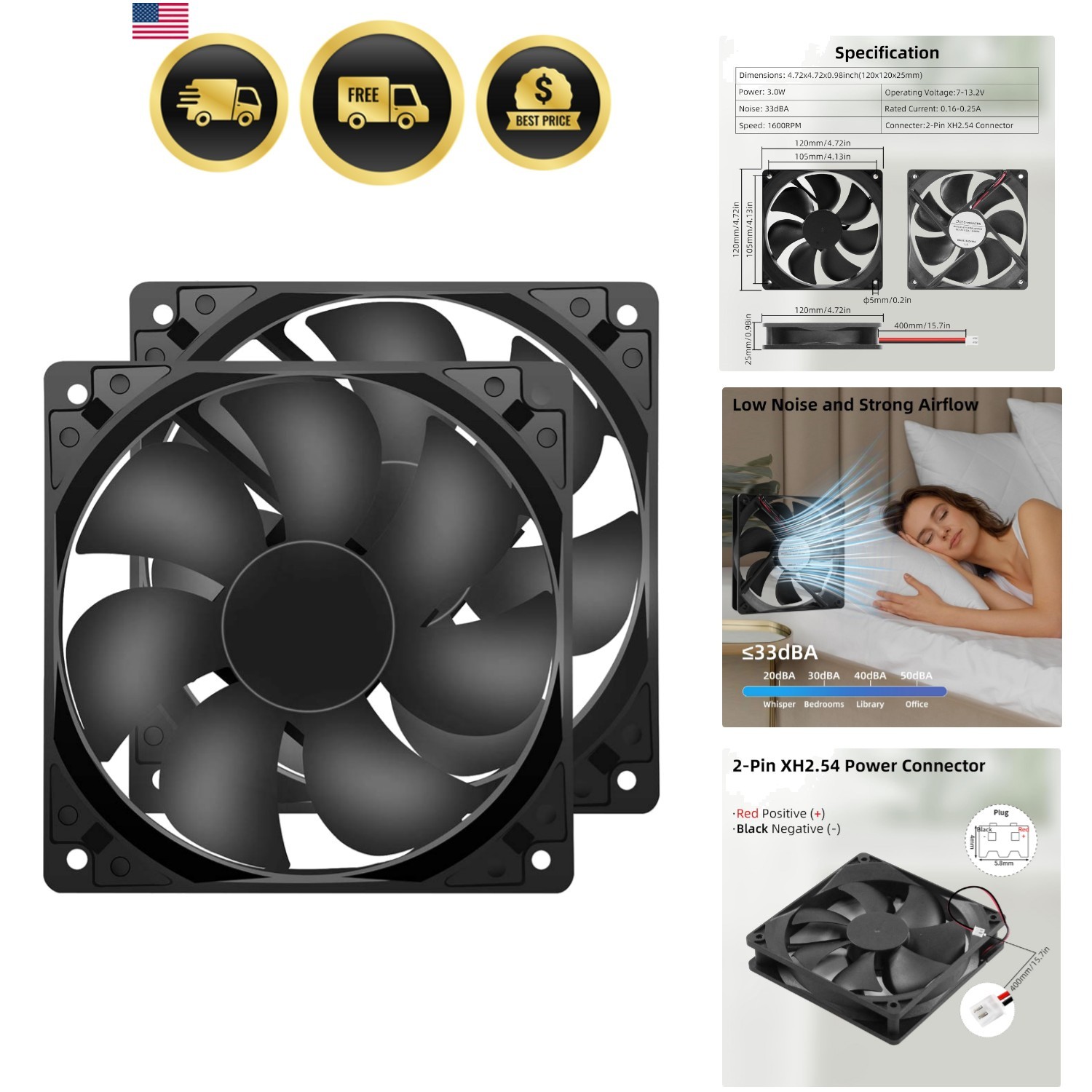 12V DC Fan Strong Quiet 120x120x25mm 12cm Small Cooling Fan 2Pin 2Wire 1600RP...
