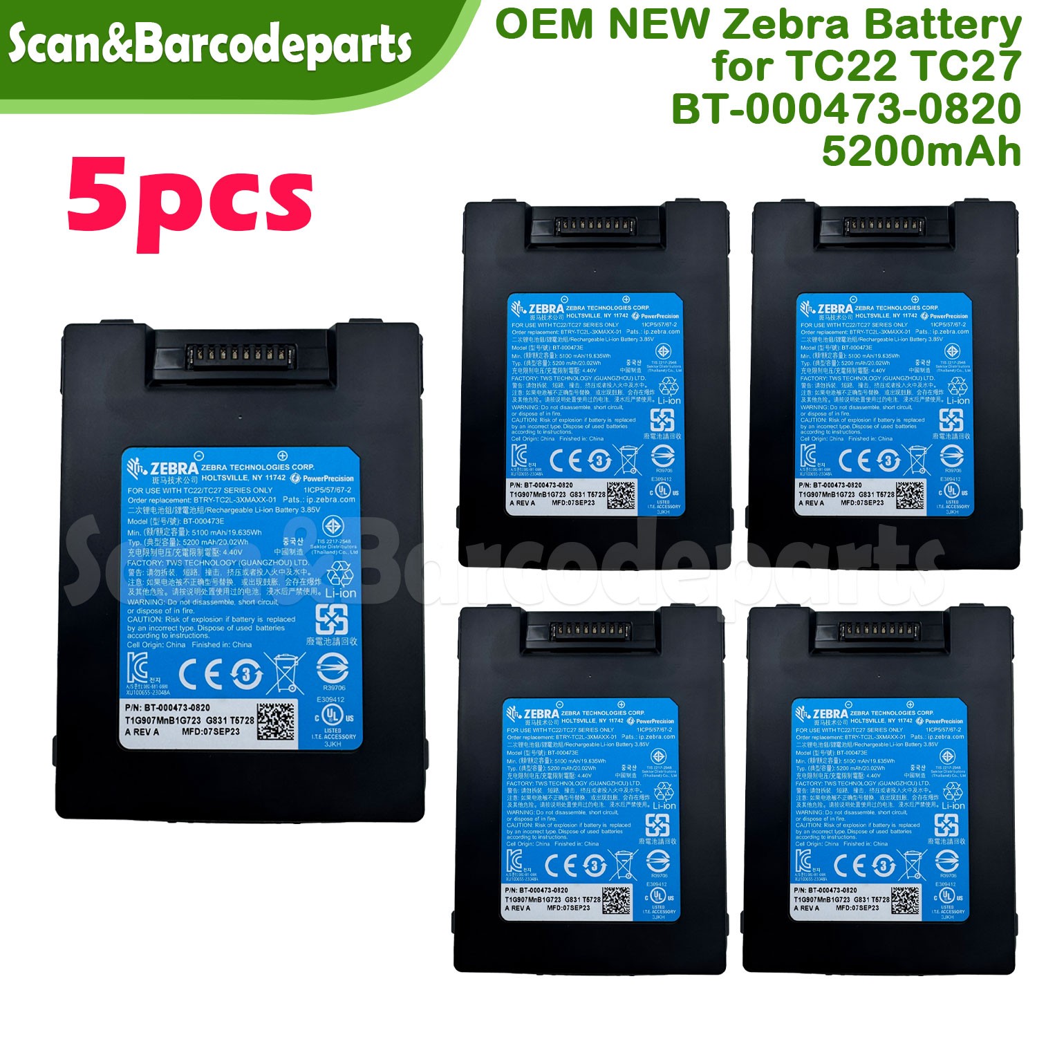 Lot of 5 OEM New Zebra Battery BT-000473 for TC22 TC27 5200mAh