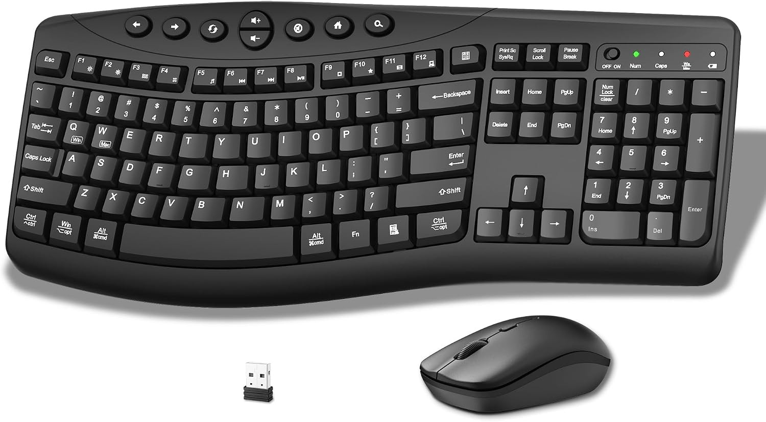 Wireless Keyboard and Mouse Combo, 2.4G Quiet Ergonomic Curved Keys(Black)