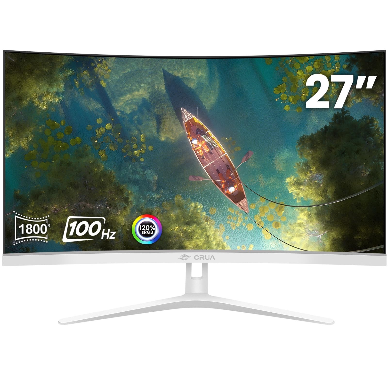 CRUA 27" Curved White Monitor, Full HD(1920x1080P) VA Panel 1800R 100HZ 120% ...