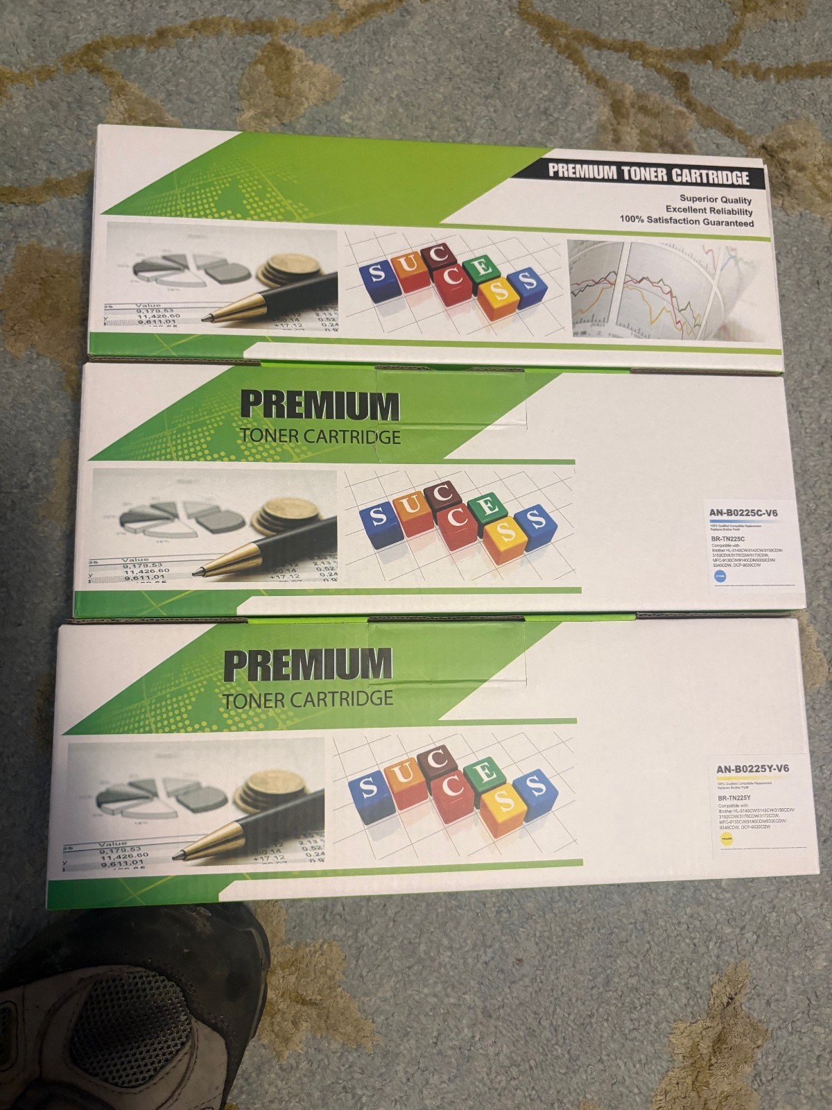 Premium Toner Cartridge Ink. TN221/225. 3 Pieces, 1 each Magenta, Cyan, Yellow