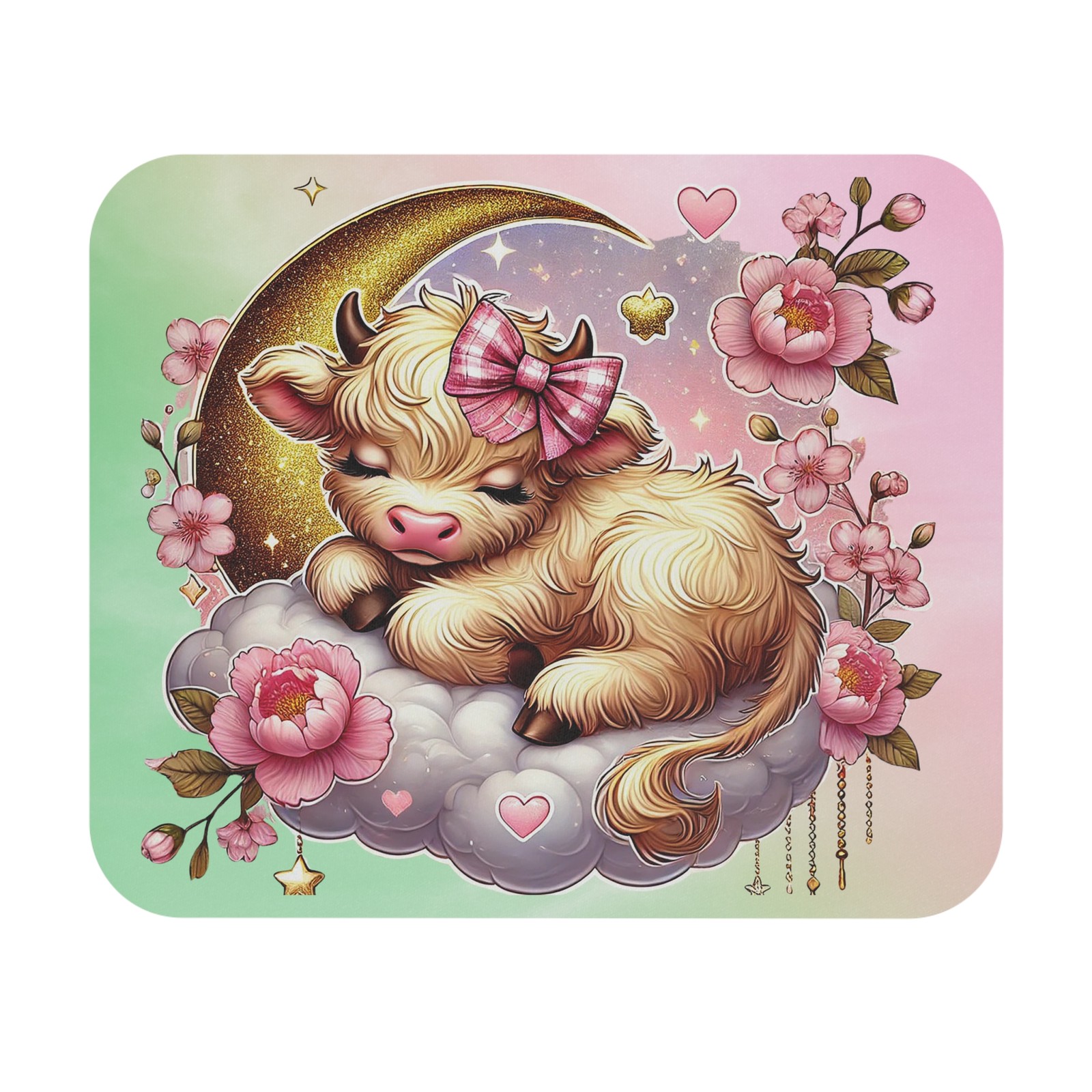 Sleeping Highland Cow Mouse Pad | Cute Cow, Floral Moon, Pastel Desk Mat
