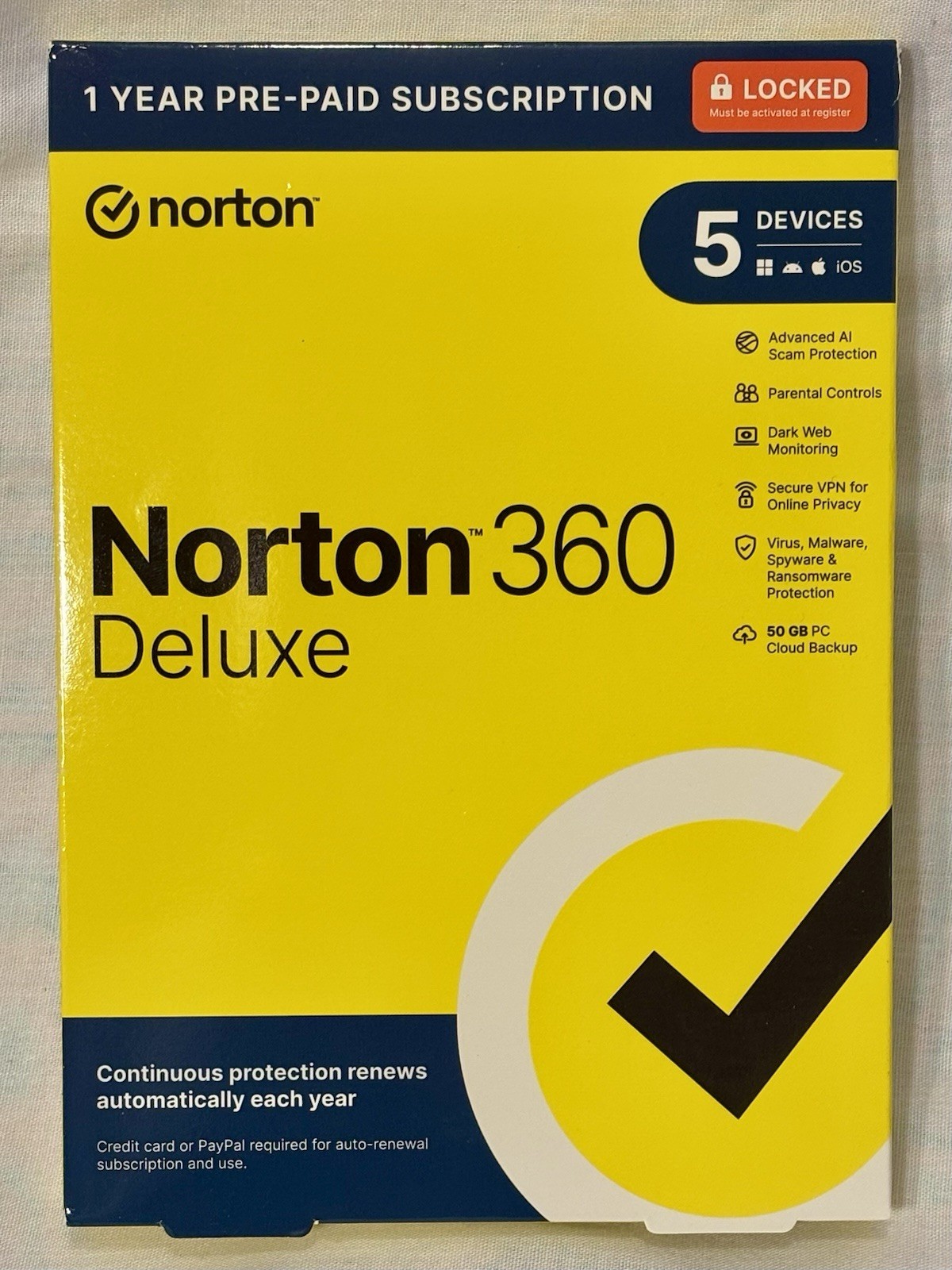 Norton 360 Deluxe - 5 Devices - 1 year pre-paid with Cloud Backup - Sealed box