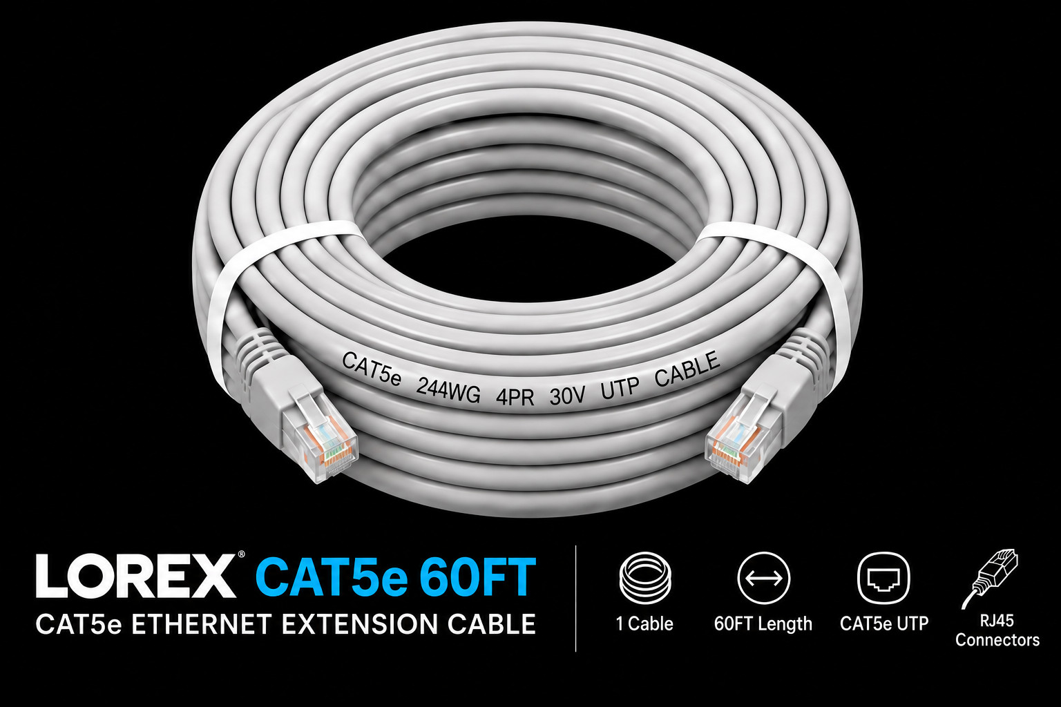 Lorex CAT5e Ethernet Cable 60ft RJ45 Network Extension Cable Gray 18.3m