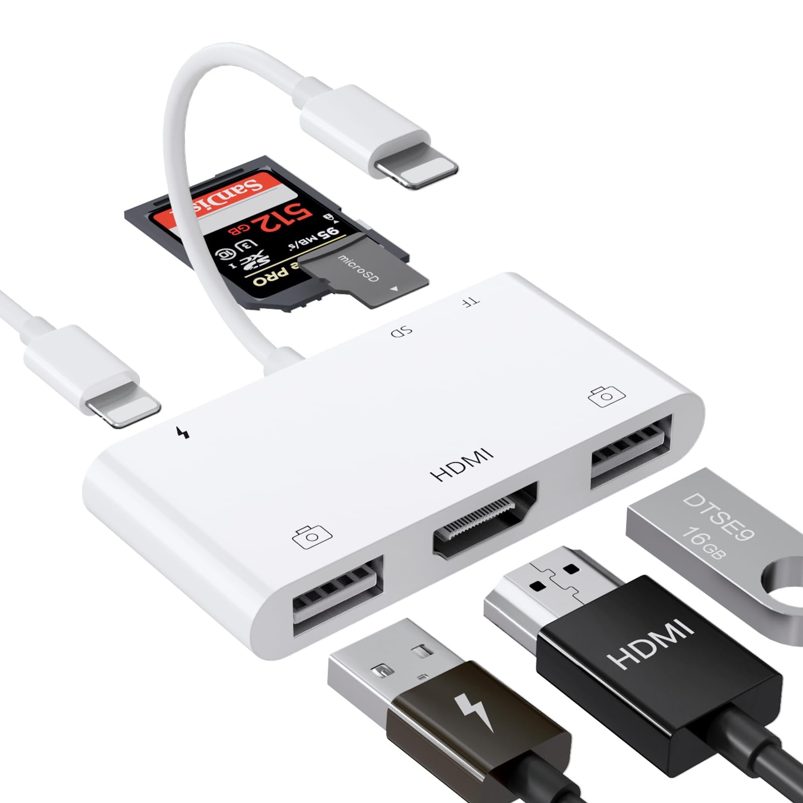 FEINODI Lightning to HDMI Adapter with USB Camera and Charging Port, SD 6 in1