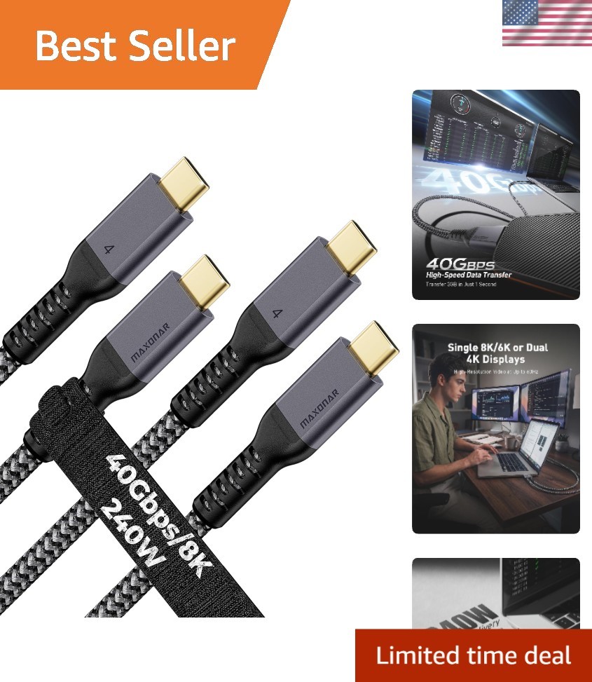 2-Pack for Thunderbolt 4 Cable, 40Gbps, 240W, 8K 3.3FT