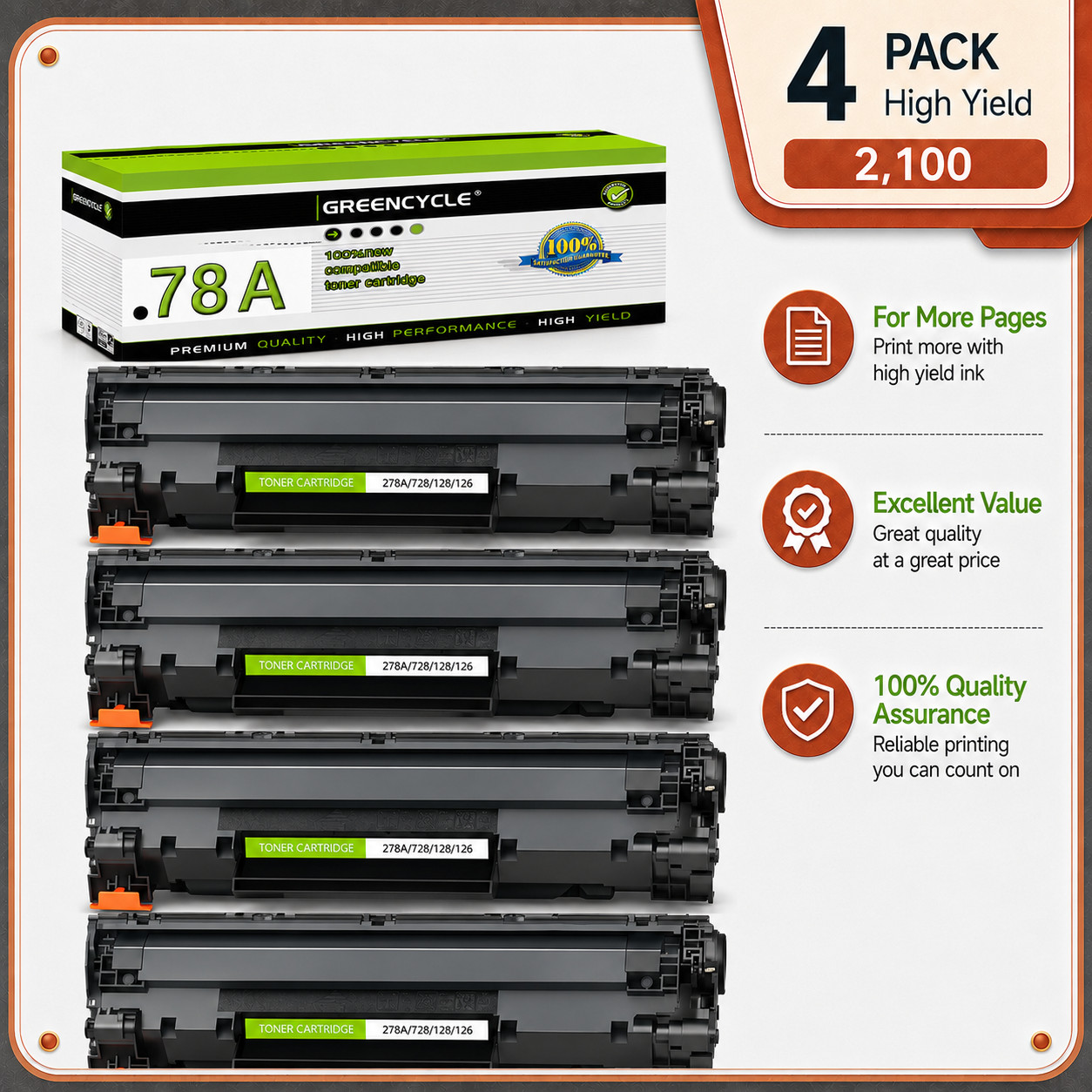 GREENCYCLE 4PK CE278A 78A Toner For HP LaserJet Pro P1606dn M1536dnf MFP MF4450