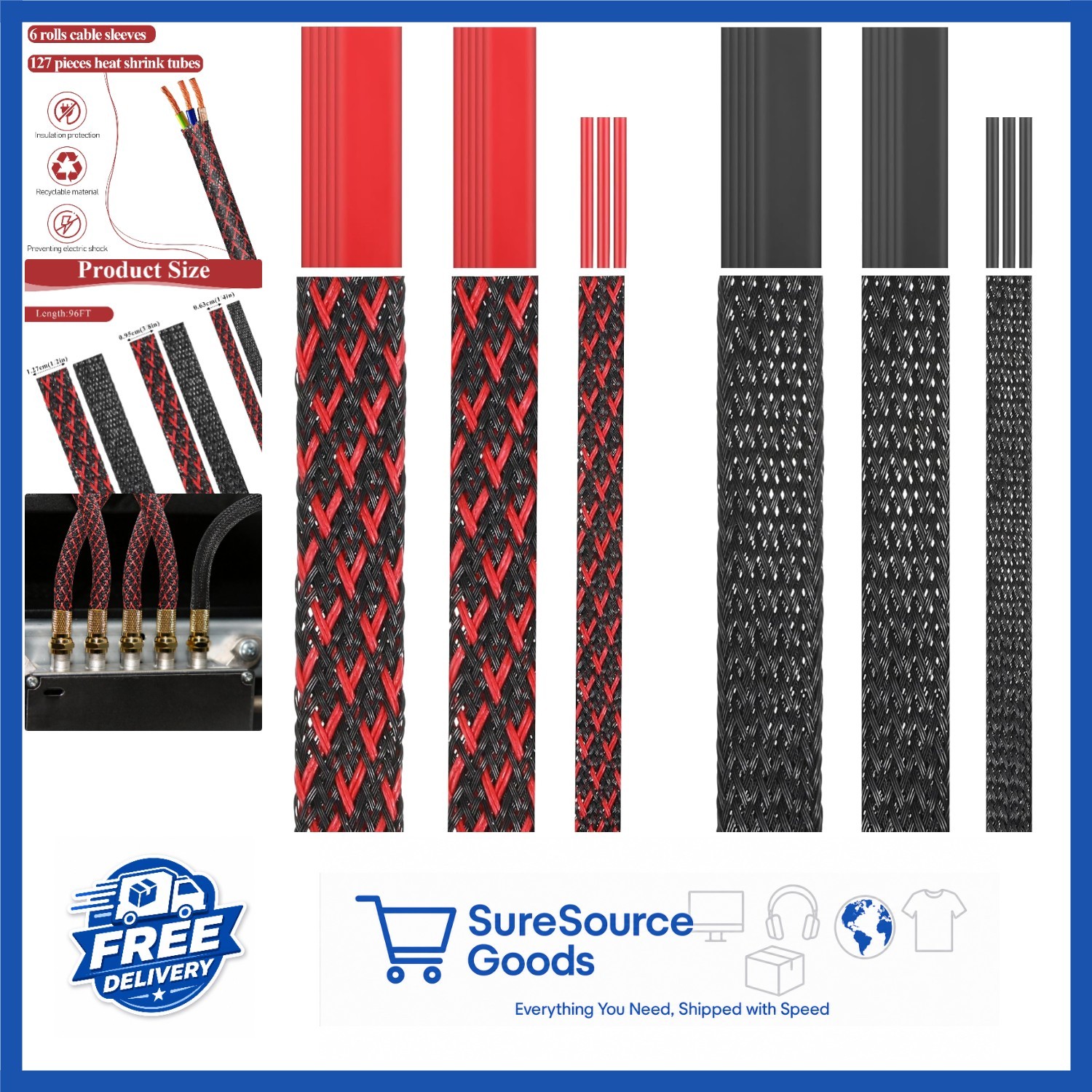 Durable Cable Cover 6 Rolls 96ft with 127 Heat Shrink Tubes for Audio Video