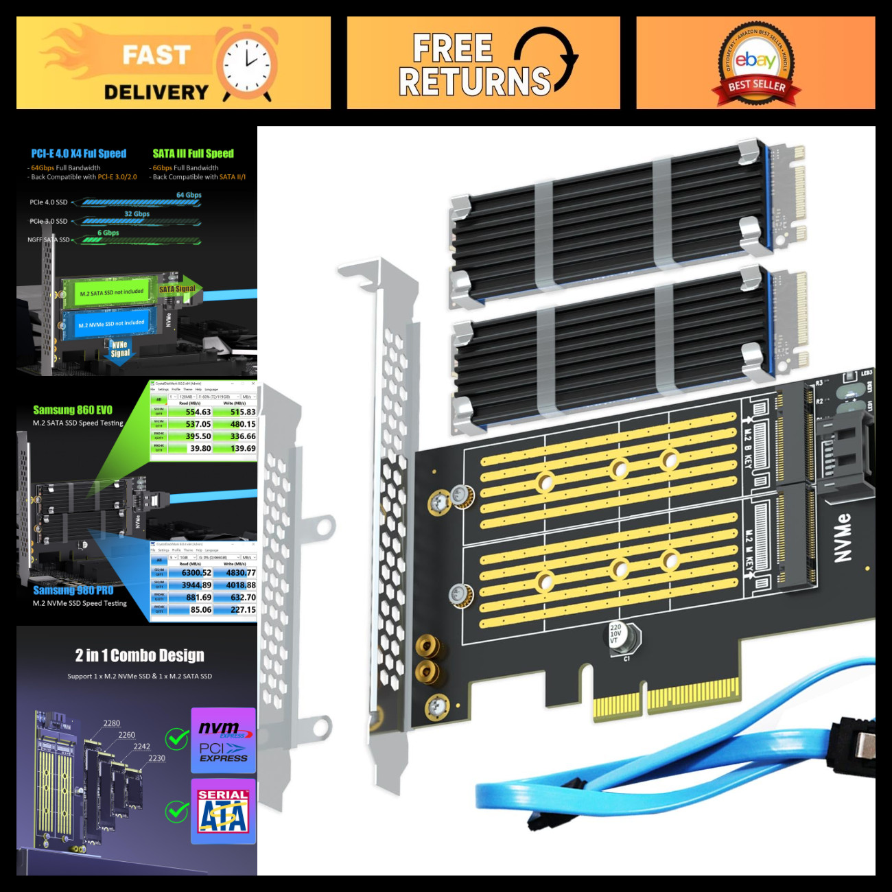 M.2 PCIe 4.0 X4 Adapter for NVMe & SATA SSDs + 2 Heatsink Kits - Fast Storage Up