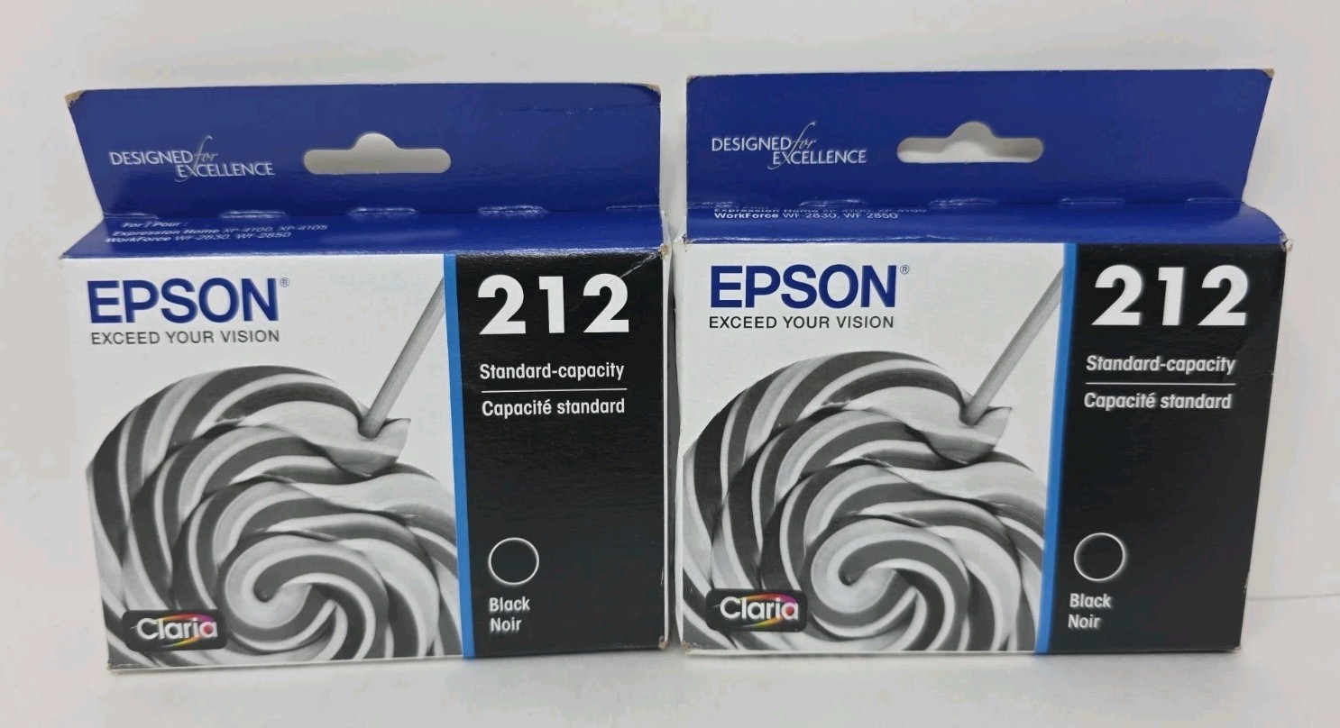 2 New Sealed Epson 212 Black Ink Cartridge T212120 Exp 07/2025 Standard Capacity