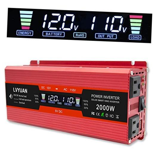 /2000W(Peak) Car Power Inverter DC 12V to 110V AC Converter with LCD 1000W Red