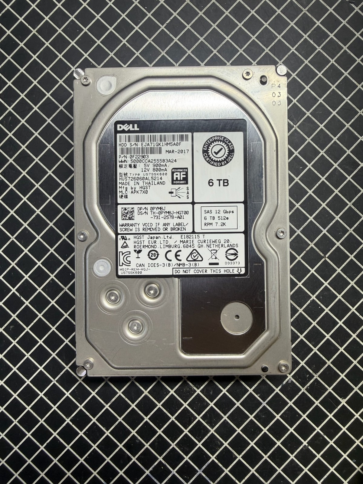 Dell Enterprise 6TB 7.2K NL SAS 12Gb/s 3.5" Hard Drive HDD HUS726060AL5214 PYM8J