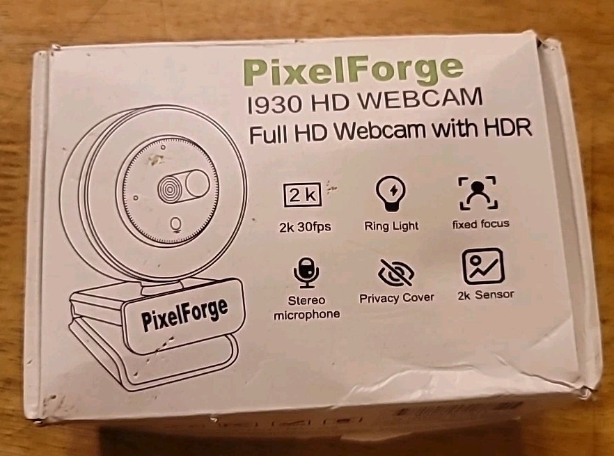 PixelForge 2K Webcam for PC with Mic/Light & Privacy Cover NEW Opened Box