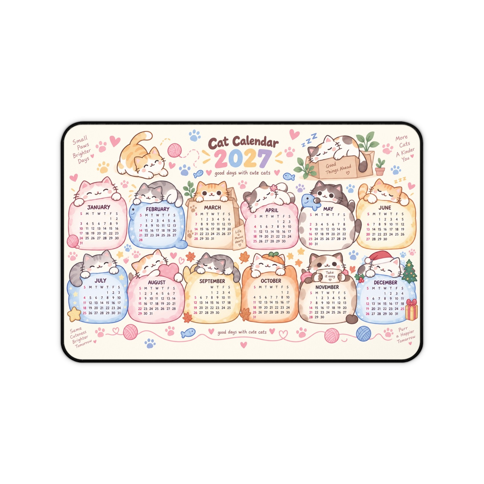2027 Cat Calendar Desk Mat Mouse Pad | 2 Sizes | Cute Kawaii Planner Art.