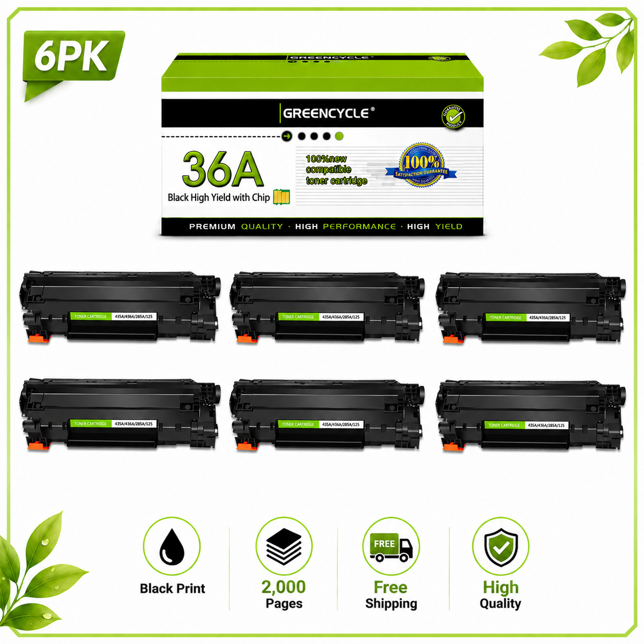 6x Compatible Toner Cartridge CB436A For HP 36A LaserJet P1505 P1505n Printer